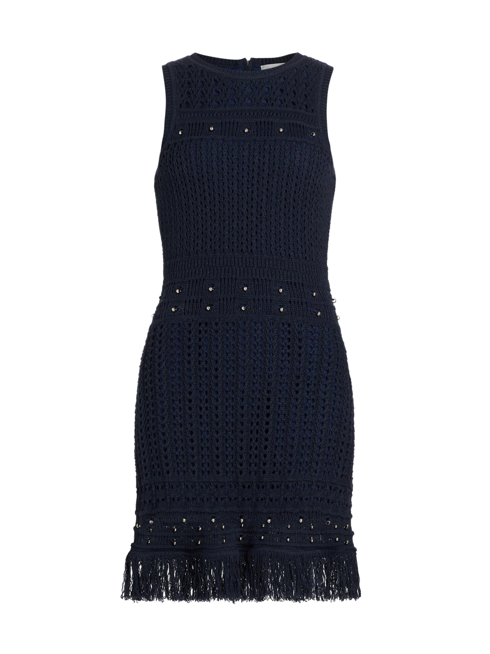 Milly Women's Beaded Fringe Knit Minidress - Navy