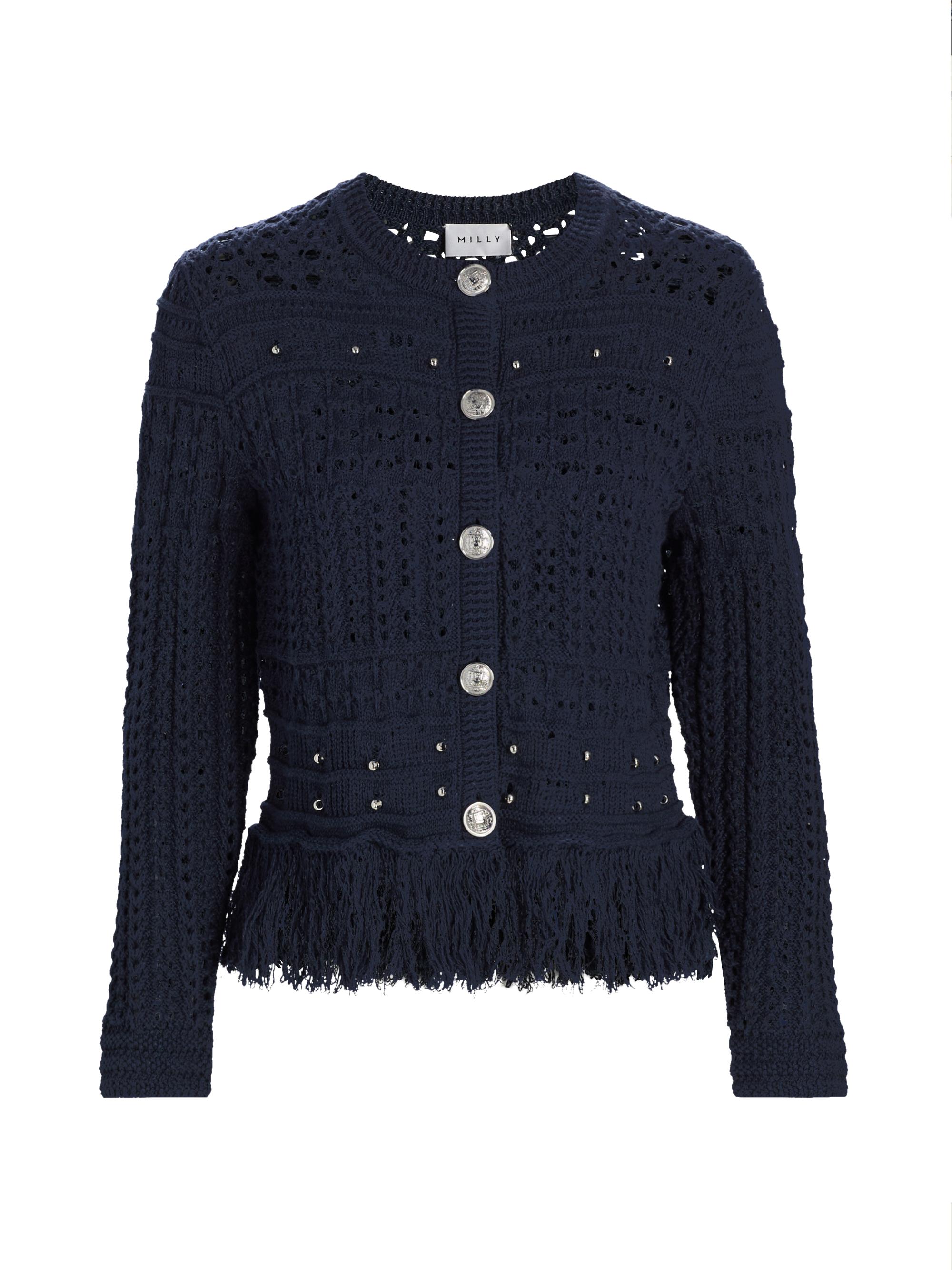 Milly Women's Beaded Fringe Cardigan Jacket - Navy
