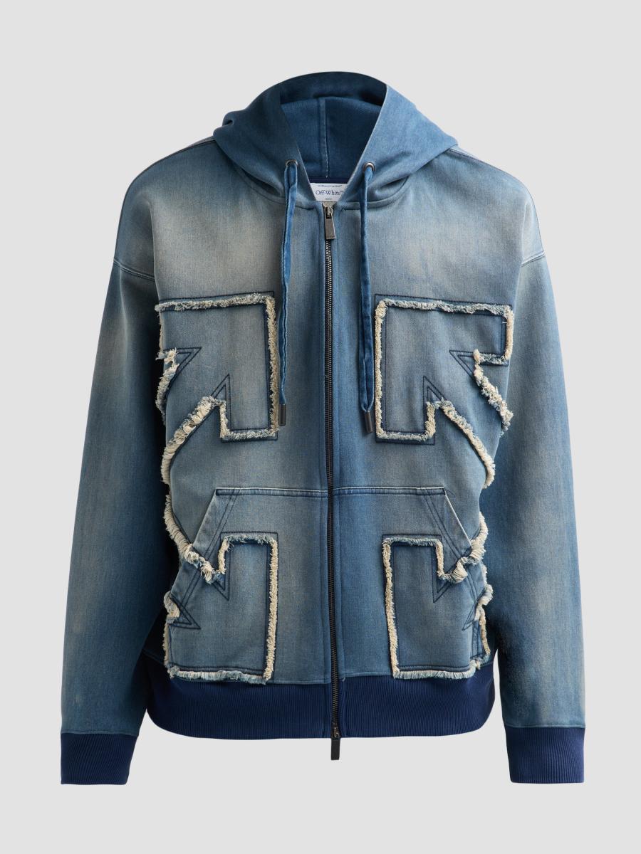 Off-white Men's Distress Diagonal Loose Full-zip Hoodie In Blue