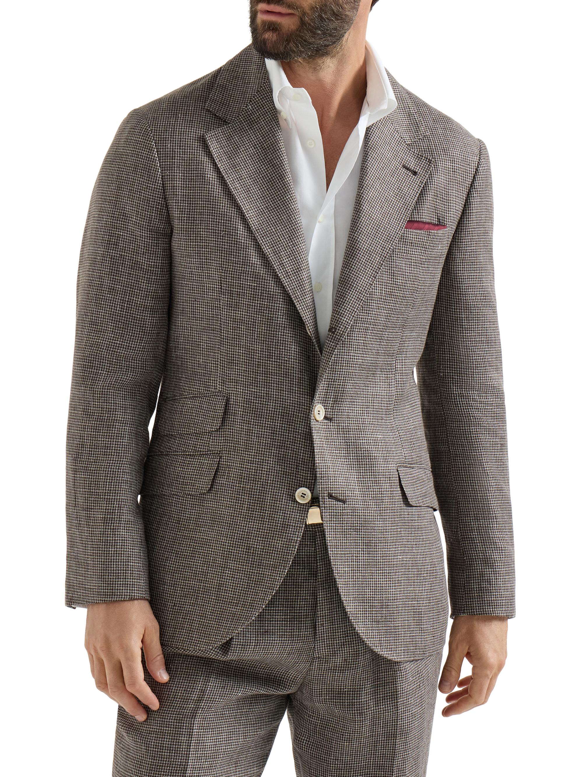 Brunello Cucinelli Men's Linen Houndstooth Deconstructed Cavallo Blazer - Hazelnut