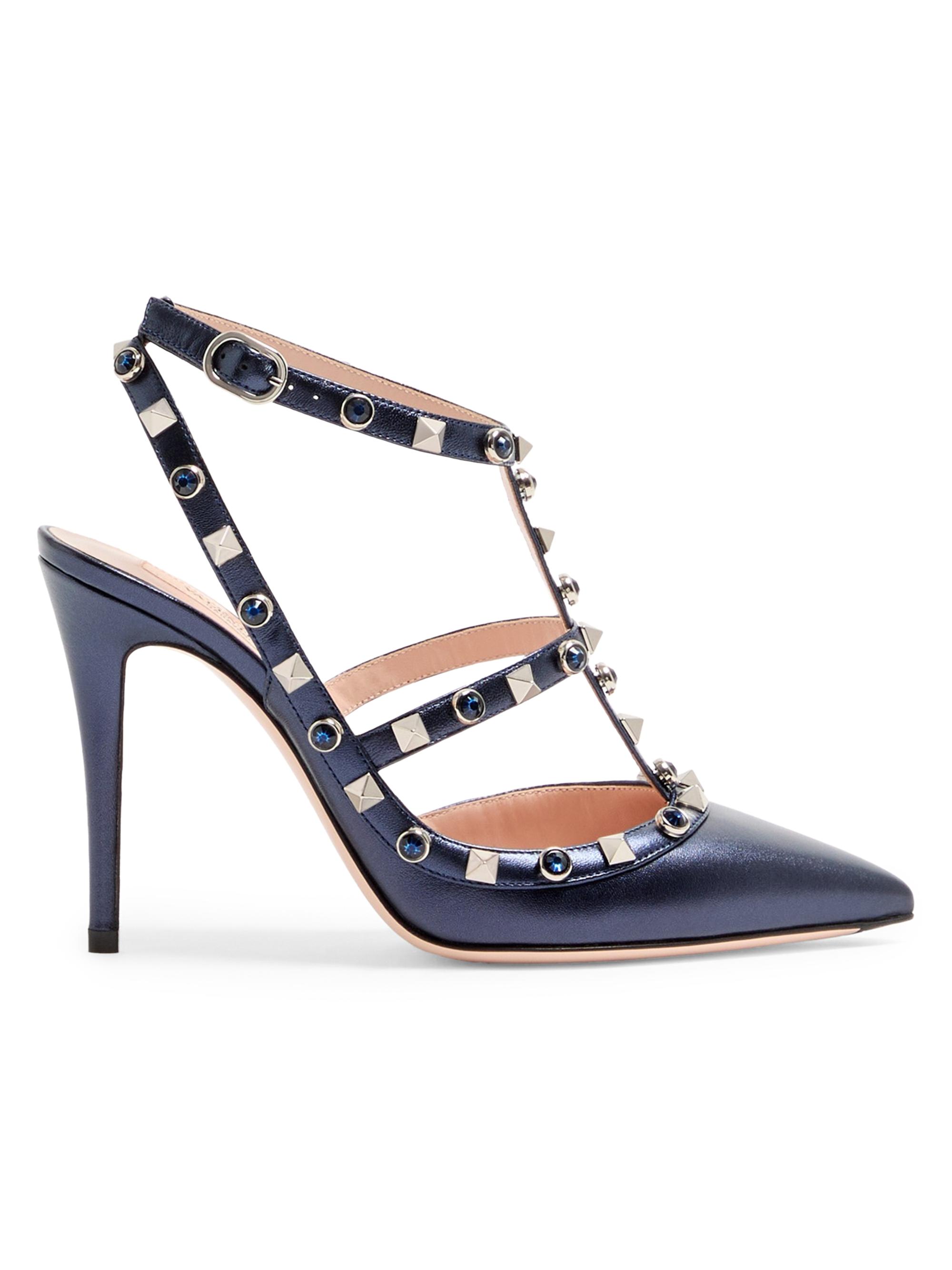 Valentino Garavani Women's Rockstud Pumps 100MM in Laminated Nappa with Cabochon - Navy