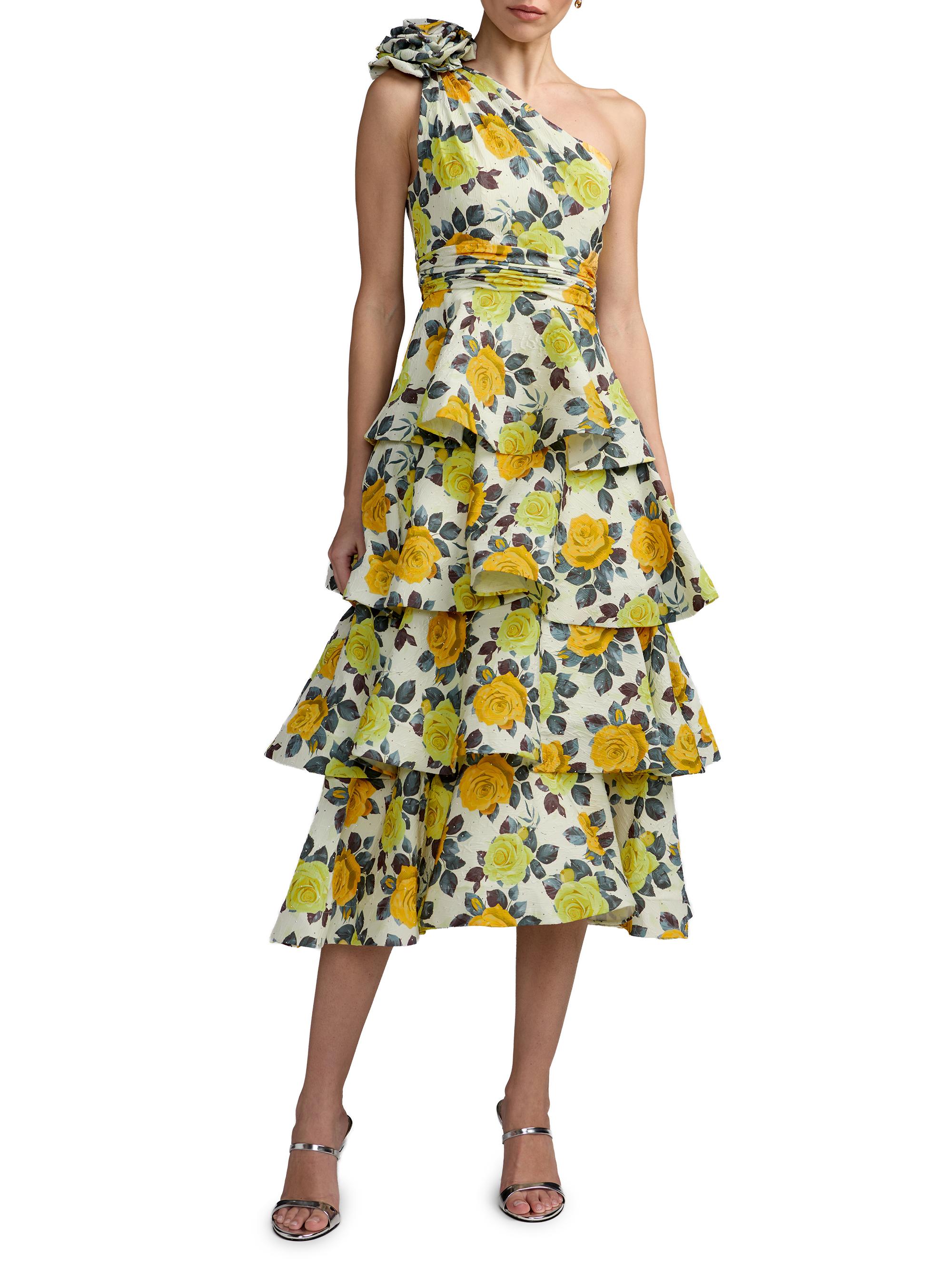 Mac Duggal Women's Tiered Floral Charmeuse One-Shoulder Midi-Dress - Yellow Rose