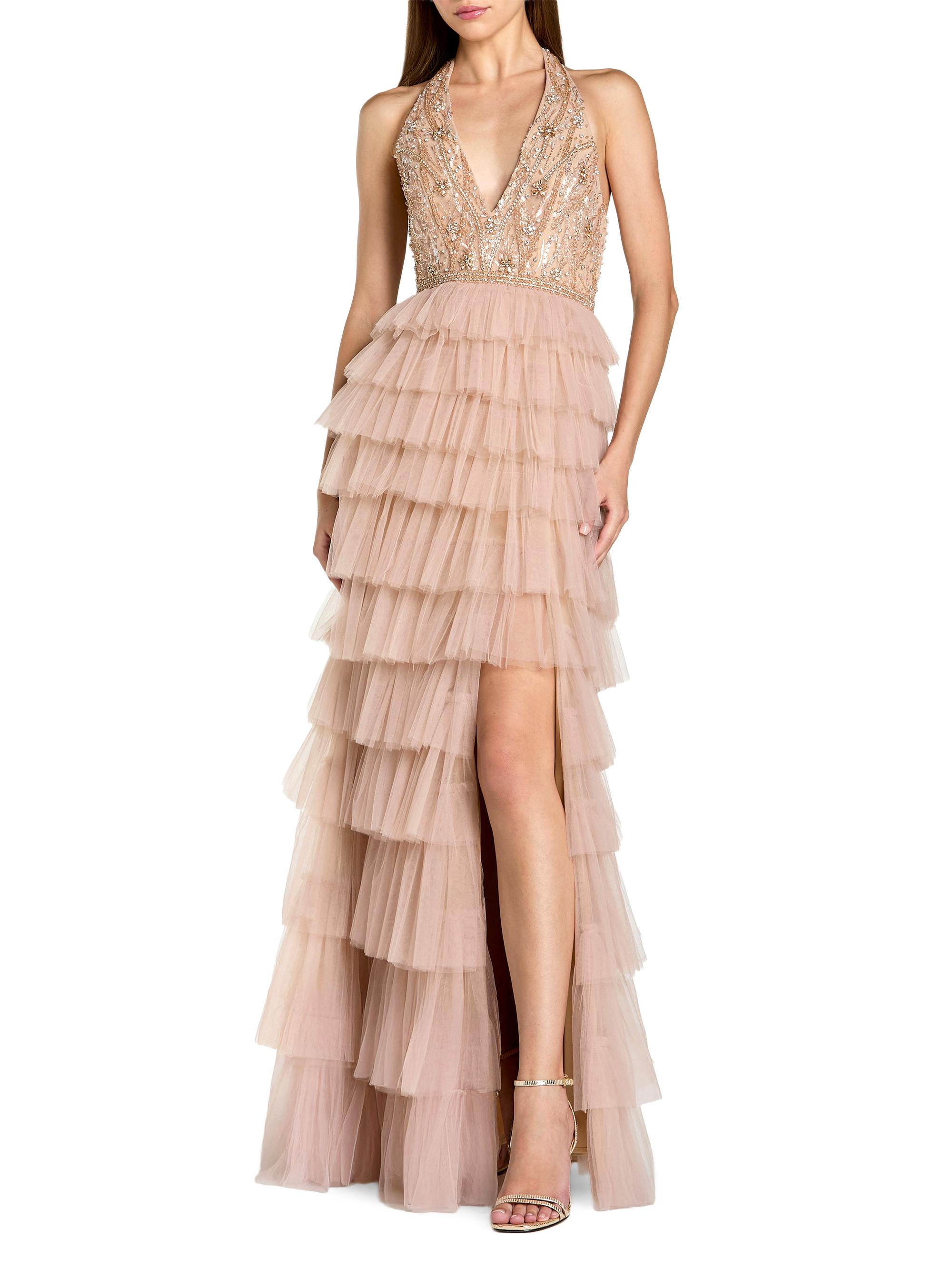 Mac Duggal Women's  Beaded Tulle Ruffle Column Gown - Beige