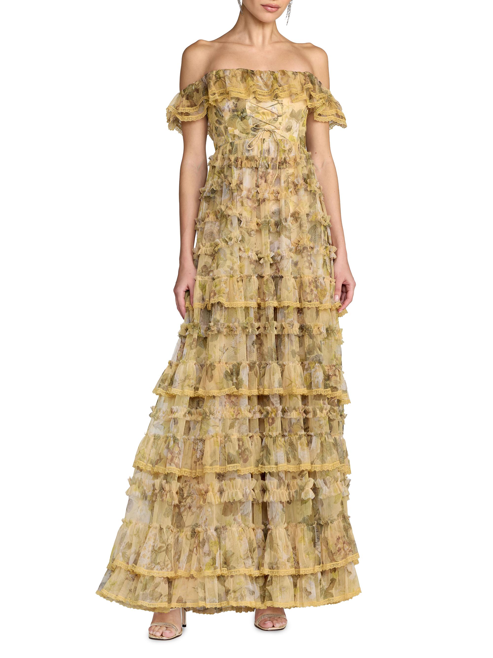 Mac Duggal Women's Floral Tiered Off-The-Shoulder Gown - Buttercream