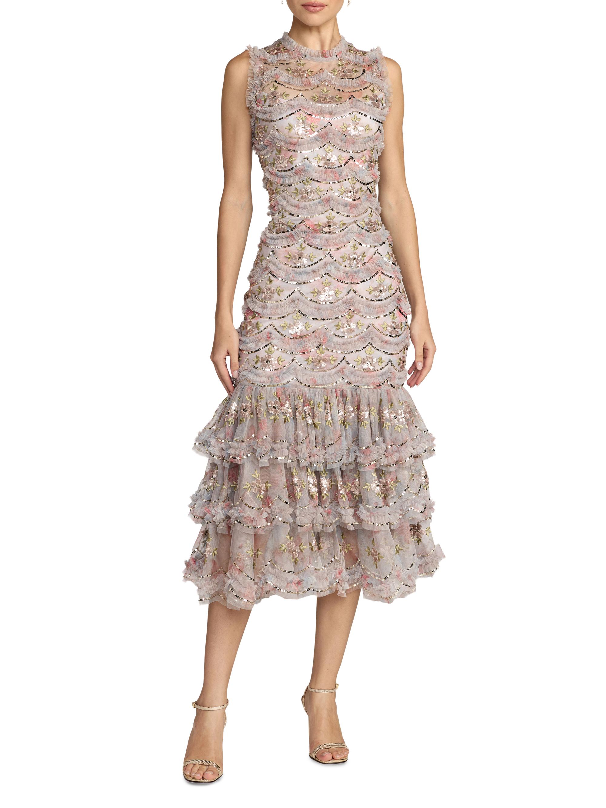 Mac Duggal Women's Floral Embroidered Ruffled Midi-Dress - Pastel Multi