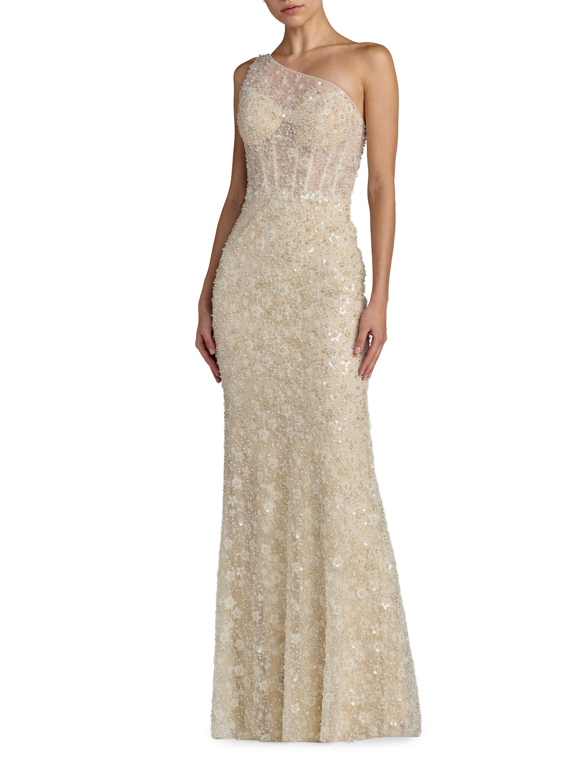 Mac Duggal Women's Sequined Floral Mesh One-Shoulder Trumpet Gown - Oyster Beige