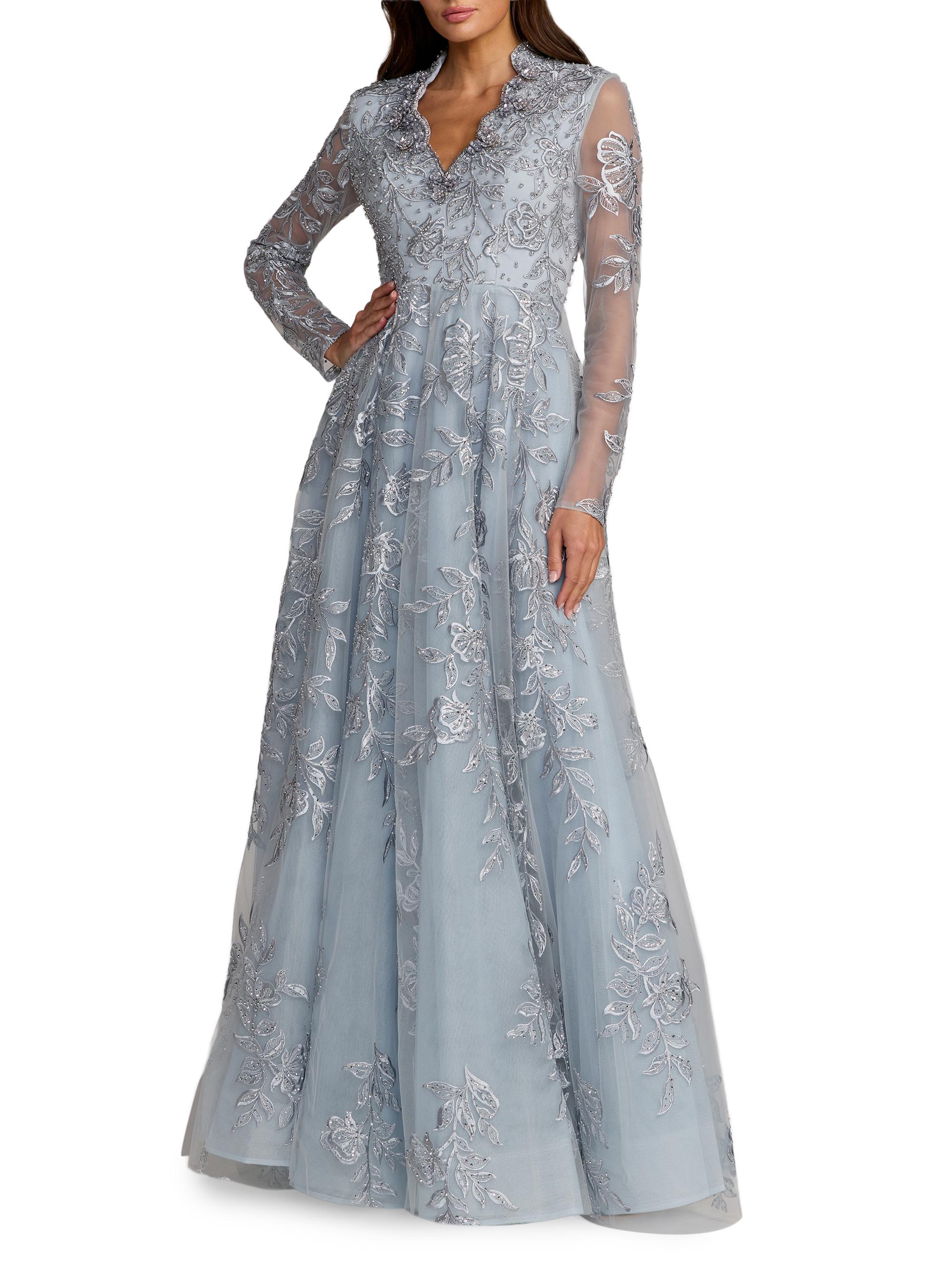 Mac Duggal Women's Floral Embroidered A-Line Gown - Slate Blue