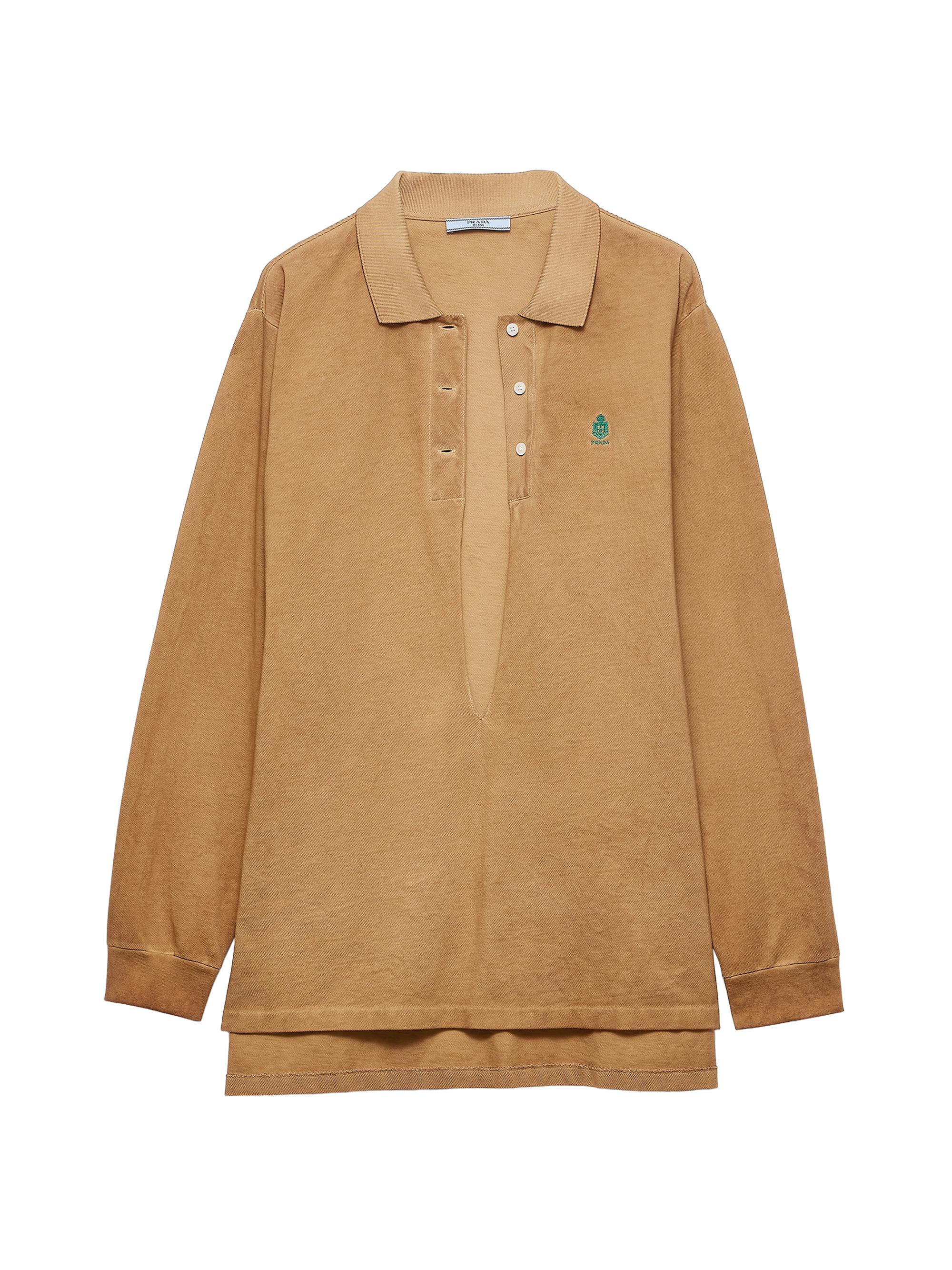 Prada Women's Long-Sleeved Cotton Pique Polo Shirt - Beige Khaki