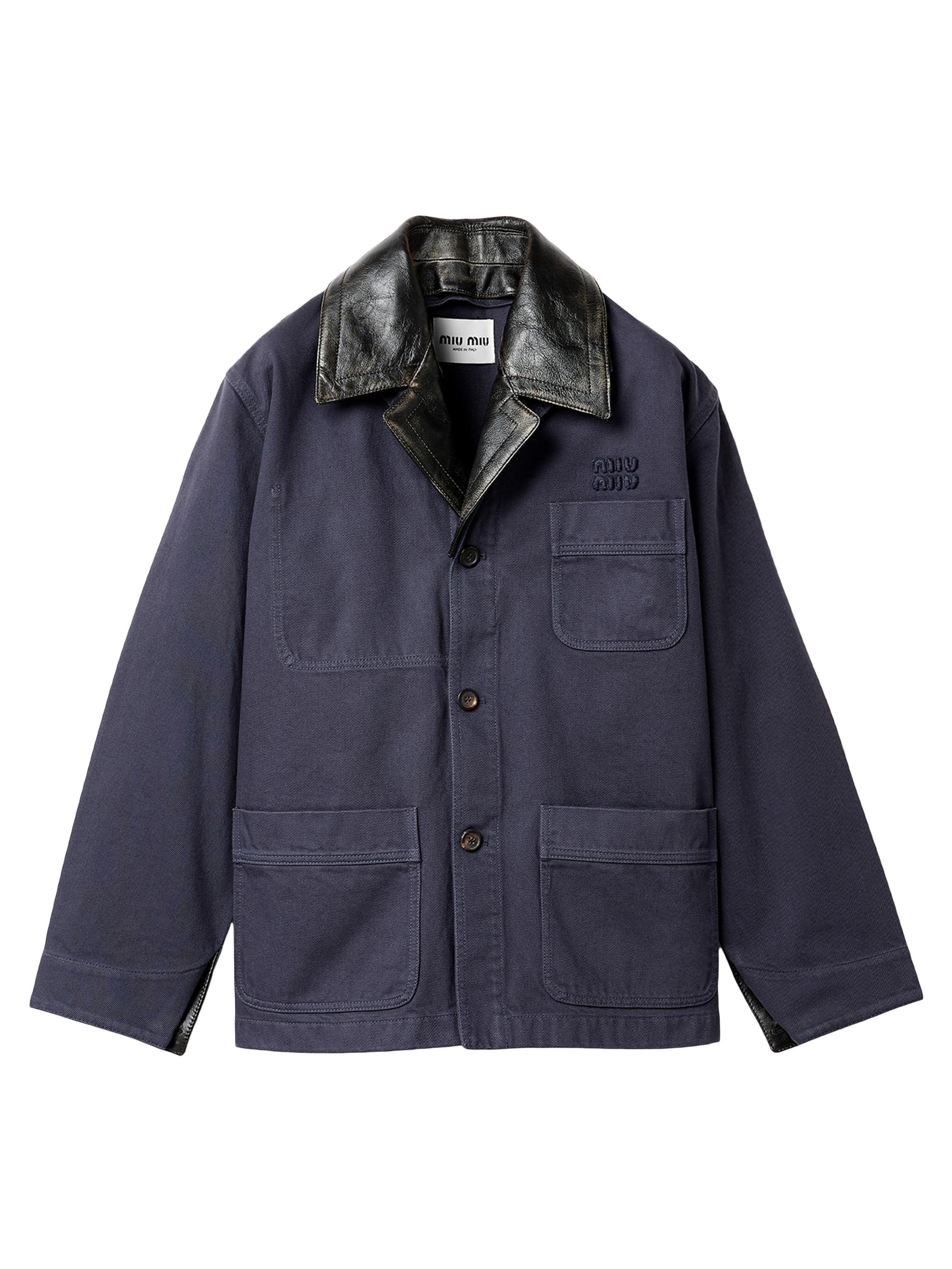 Miu Miu Women's Single-Breasted Garment-Dyed Gabardine and Leather Jacket - Grey