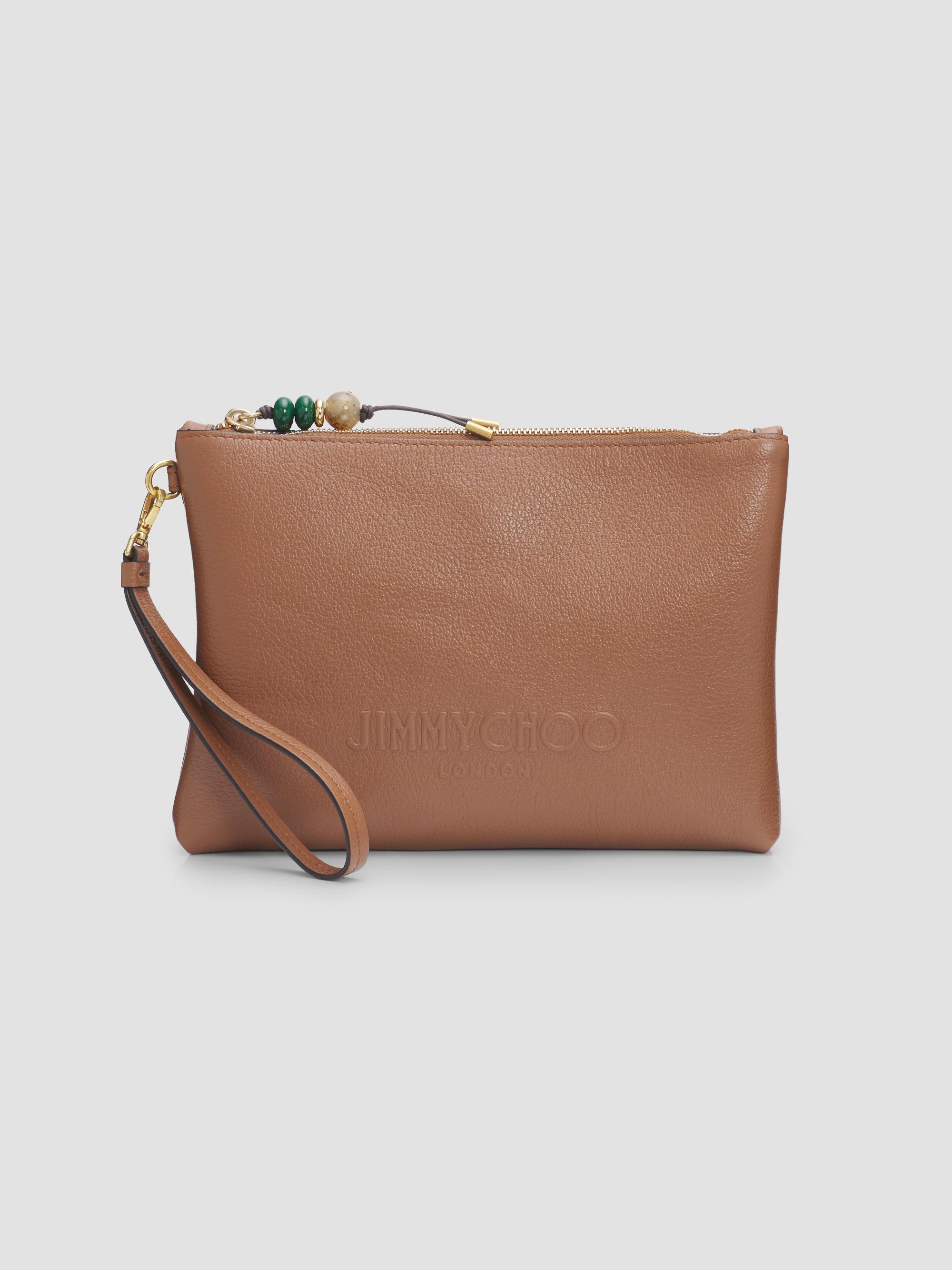 Jimmy Choo Women's Pebbled Leather Zip Flat Pouch - Tan Light Gold | Thumbnail 7