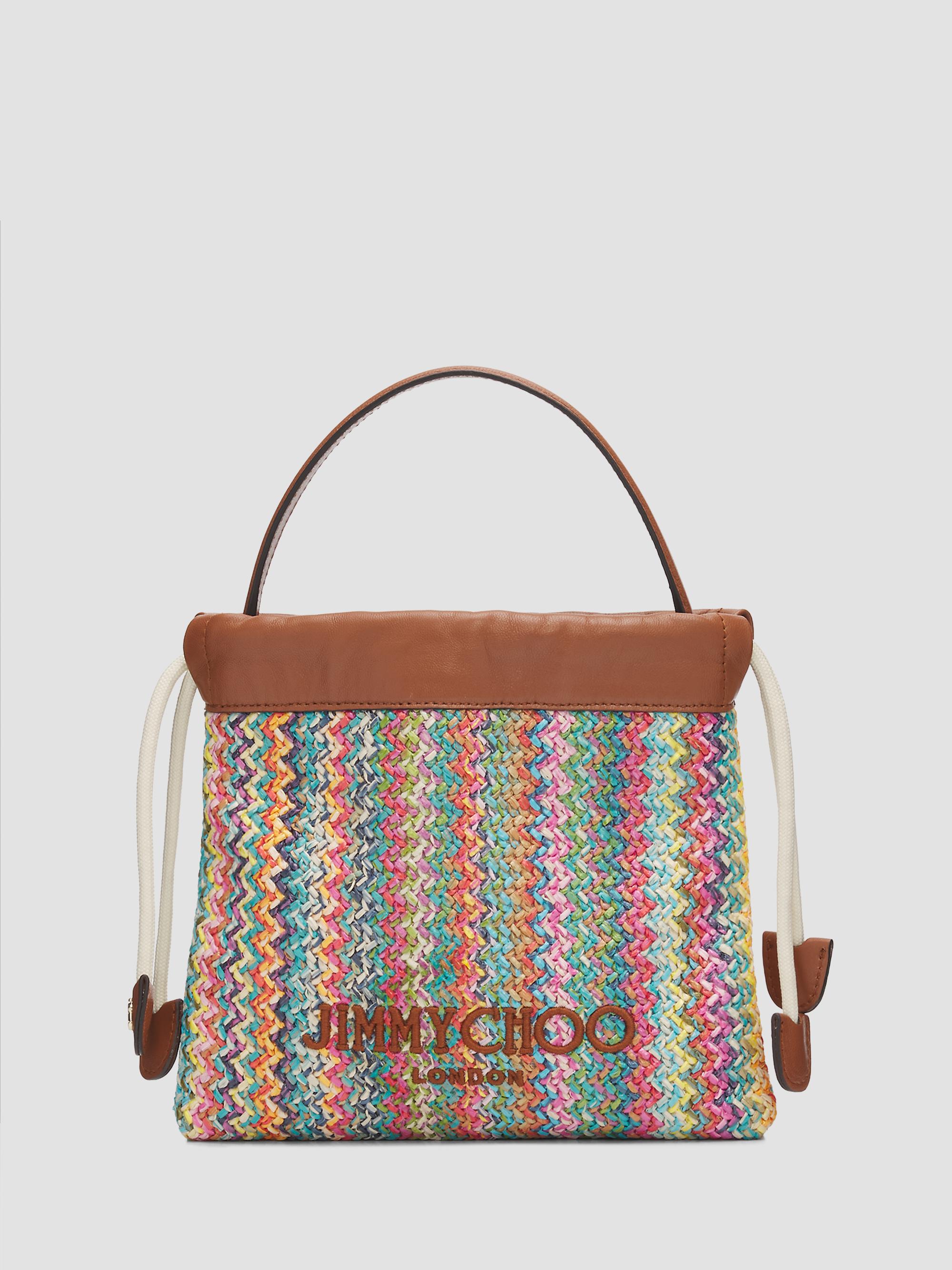 Jimmy Choo Women's Logo Chevron Raffia Drawstring Pouch - Multi Tan Light Gold