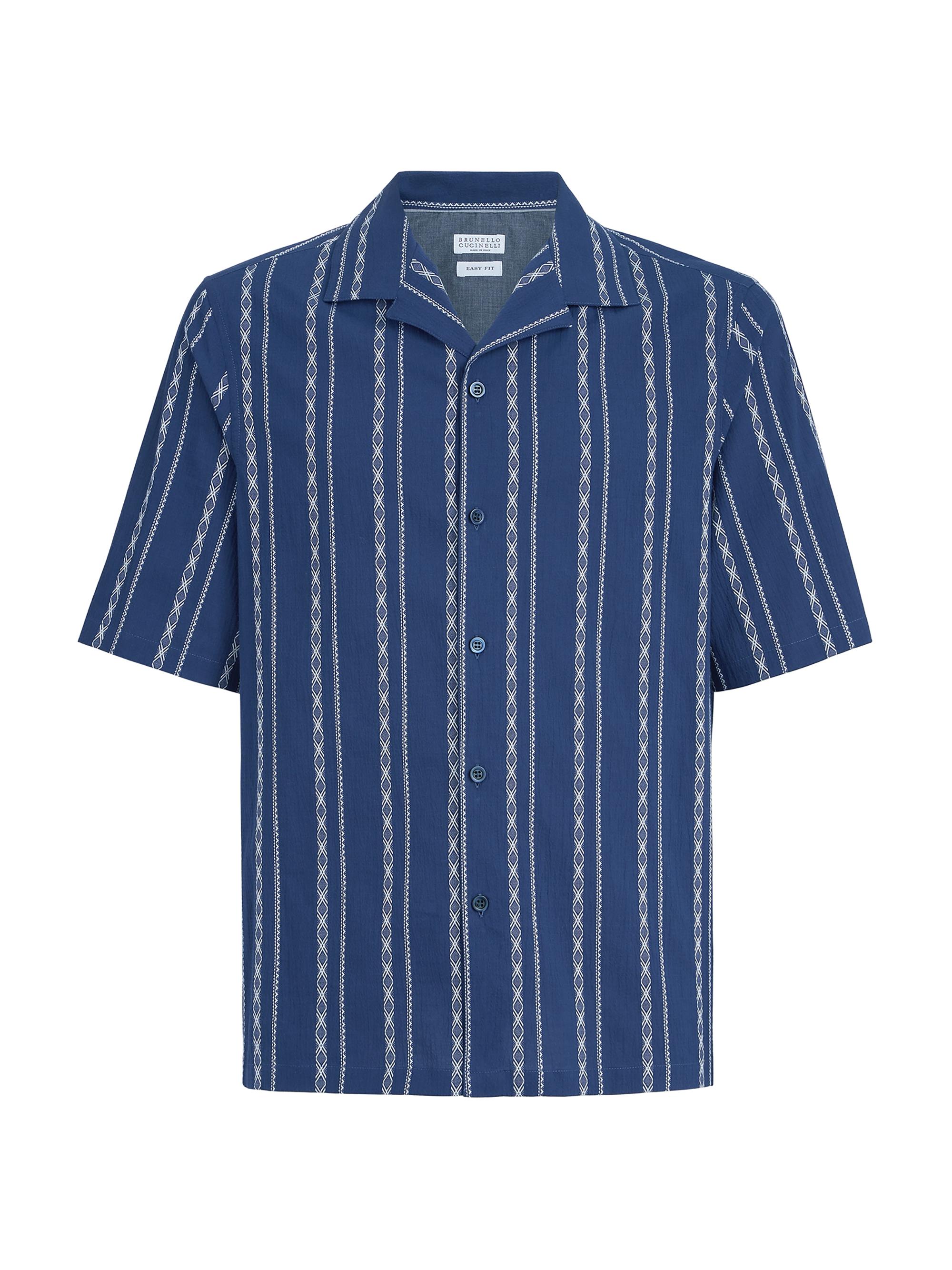 Brunello Cucinelli Men's Ethnic Stripe Seersucker Easy Fit Short Sleeve Shirt with Camp Collar - Navy Blue
