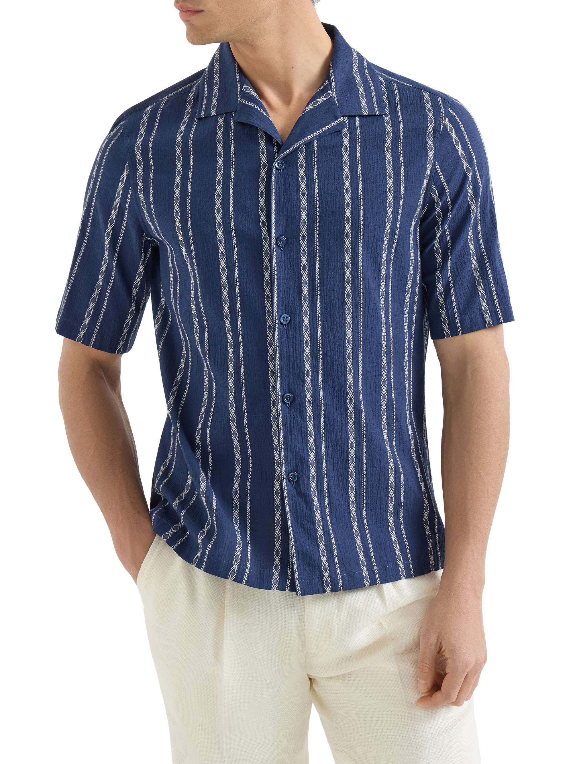Brunello Cucinelli Ethnic Stripe Seersucker Easy Fit Short Sleeve