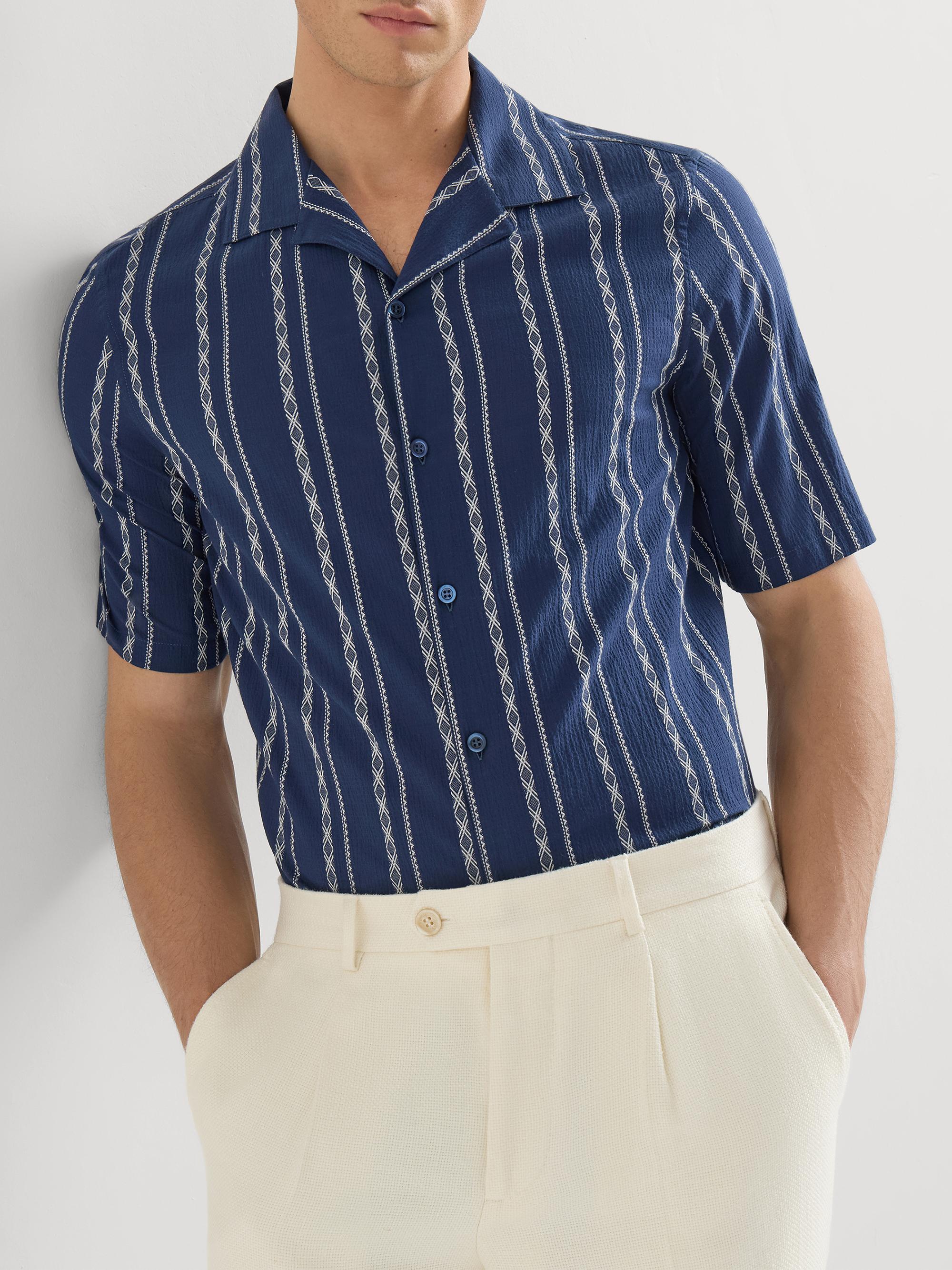 Brunello Cucinelli Ethnic Stripe Seersucker Easy Fit Short Sleeve