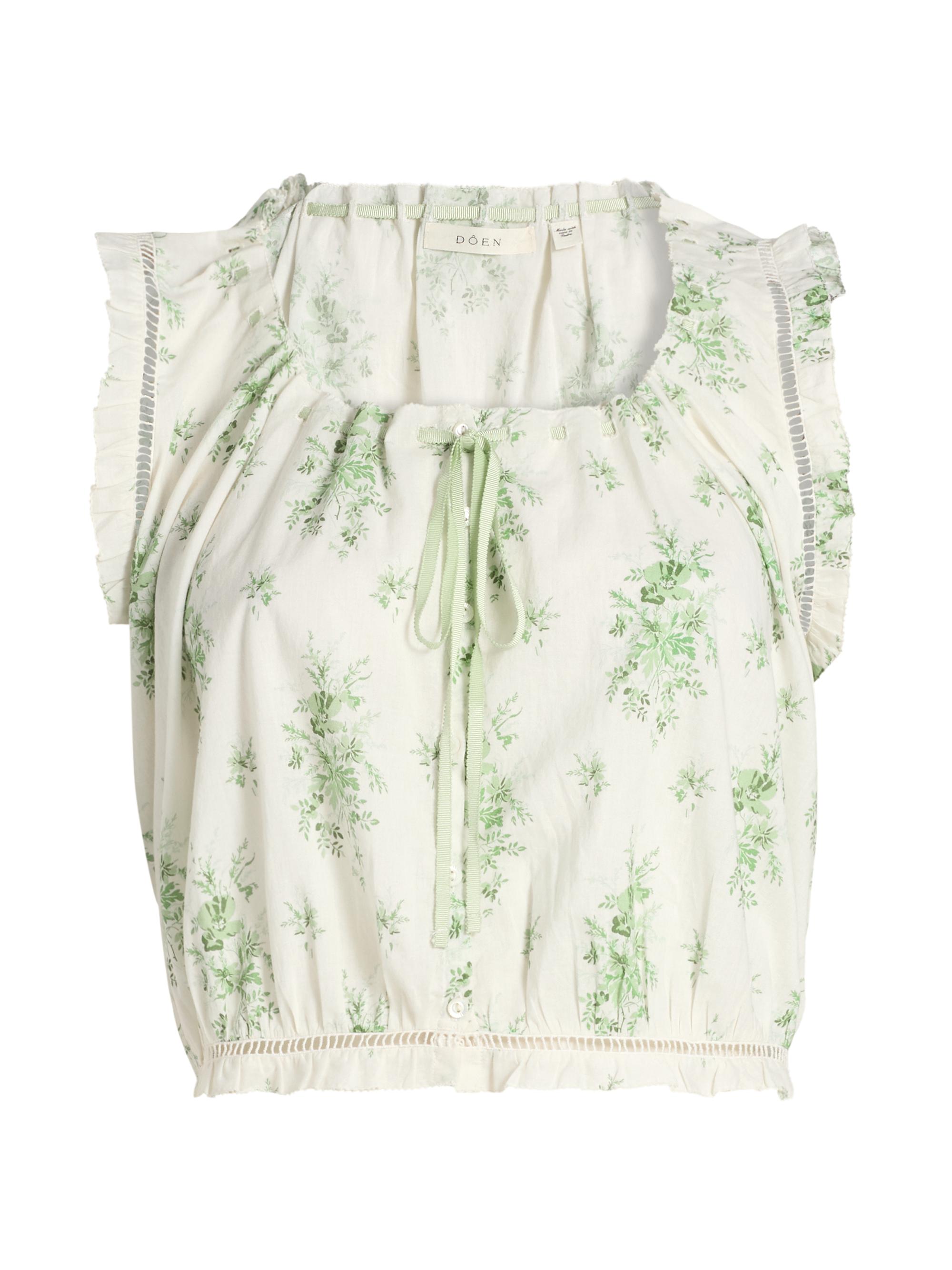DÔEN Women's Traveler Botanical Ruffle Crop Top - Green Petit Bouquet Dechamon