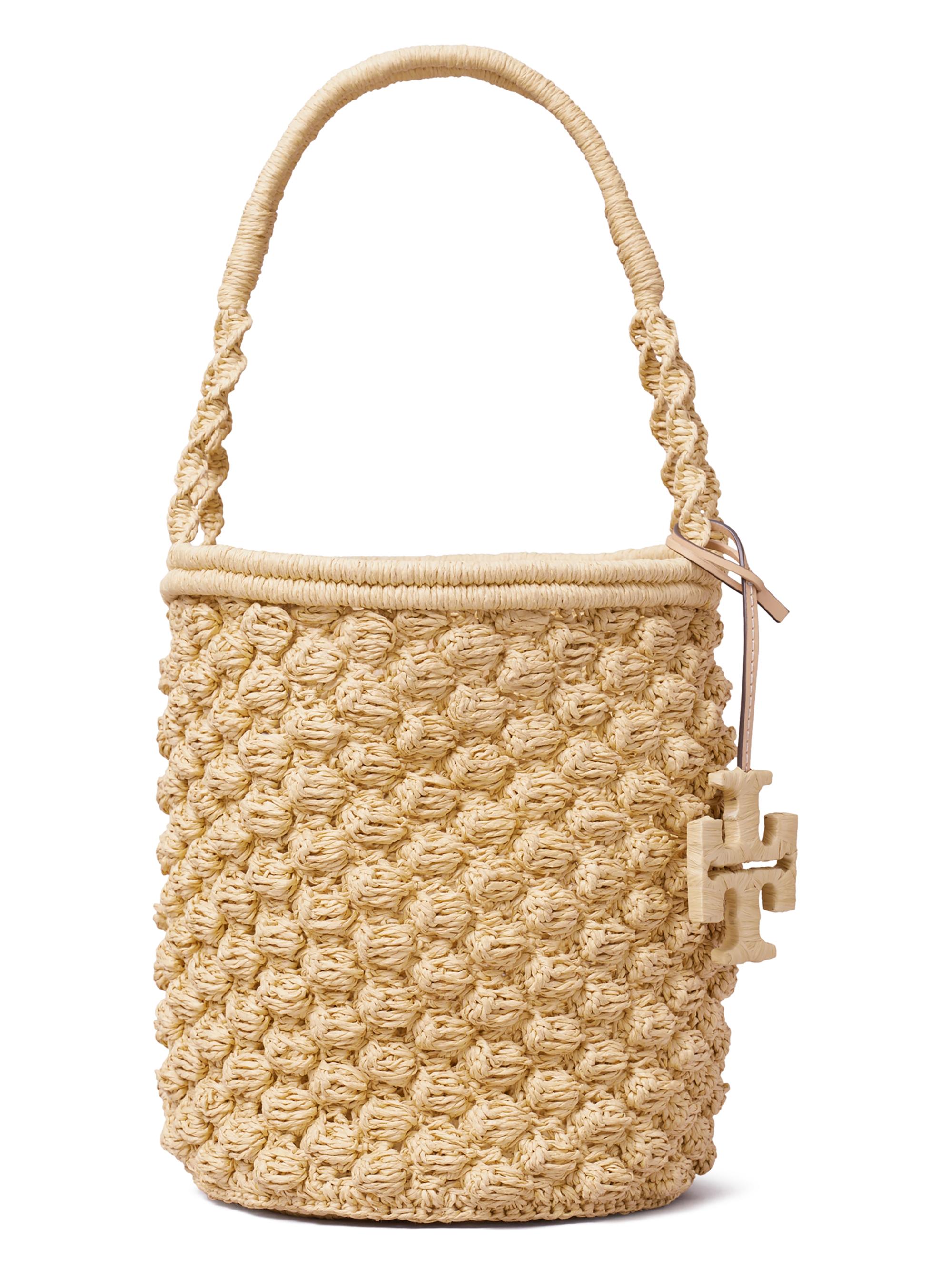 Tory Burch Women's Ella Hand-Crocheted Popcorn-Stitch Raffia Bucket Bag - Gray