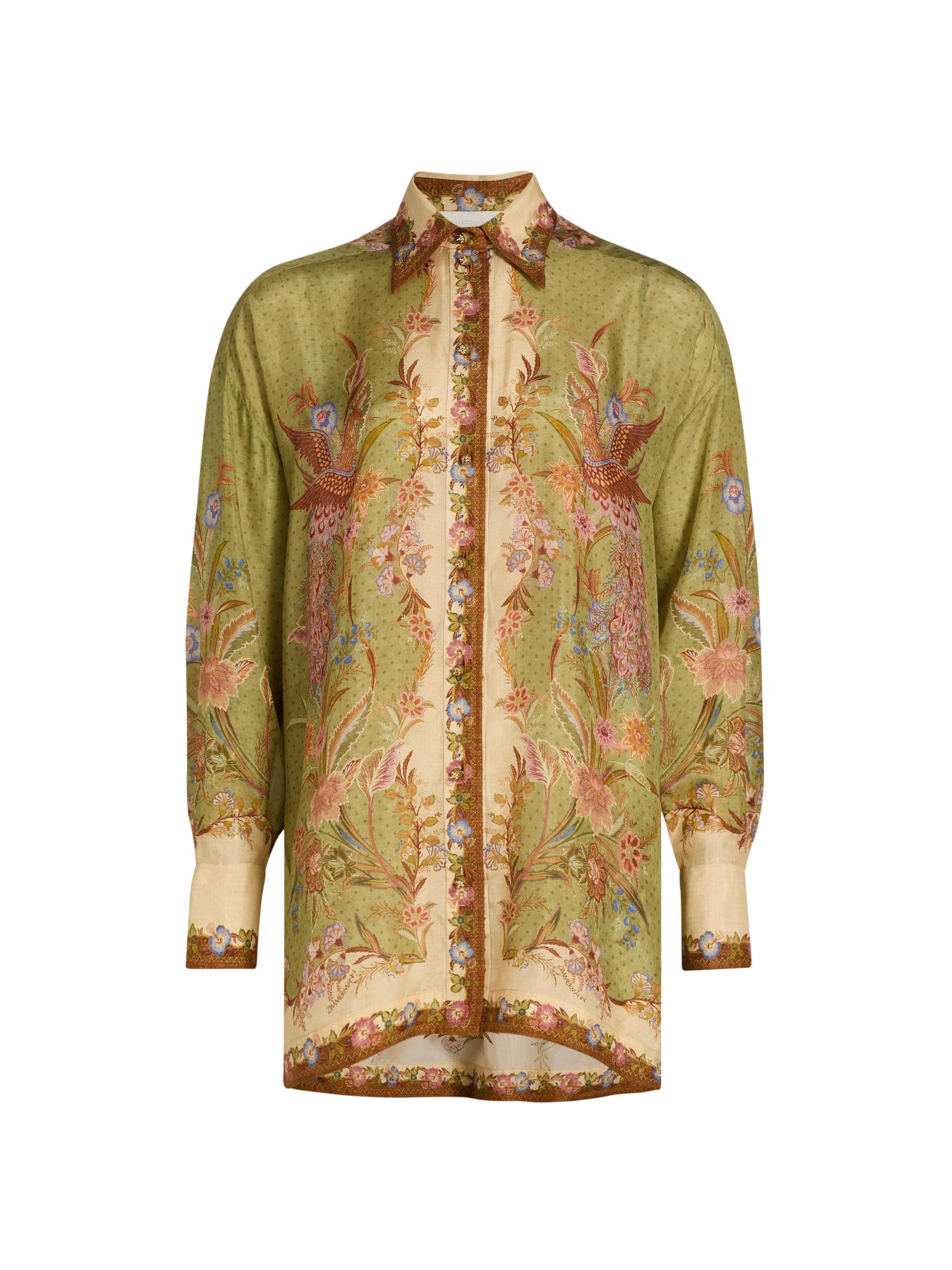 Zimmermann Women's Indra Printed Silk Relaxed Button-Front Shirt - Khaki Scarf Floral
