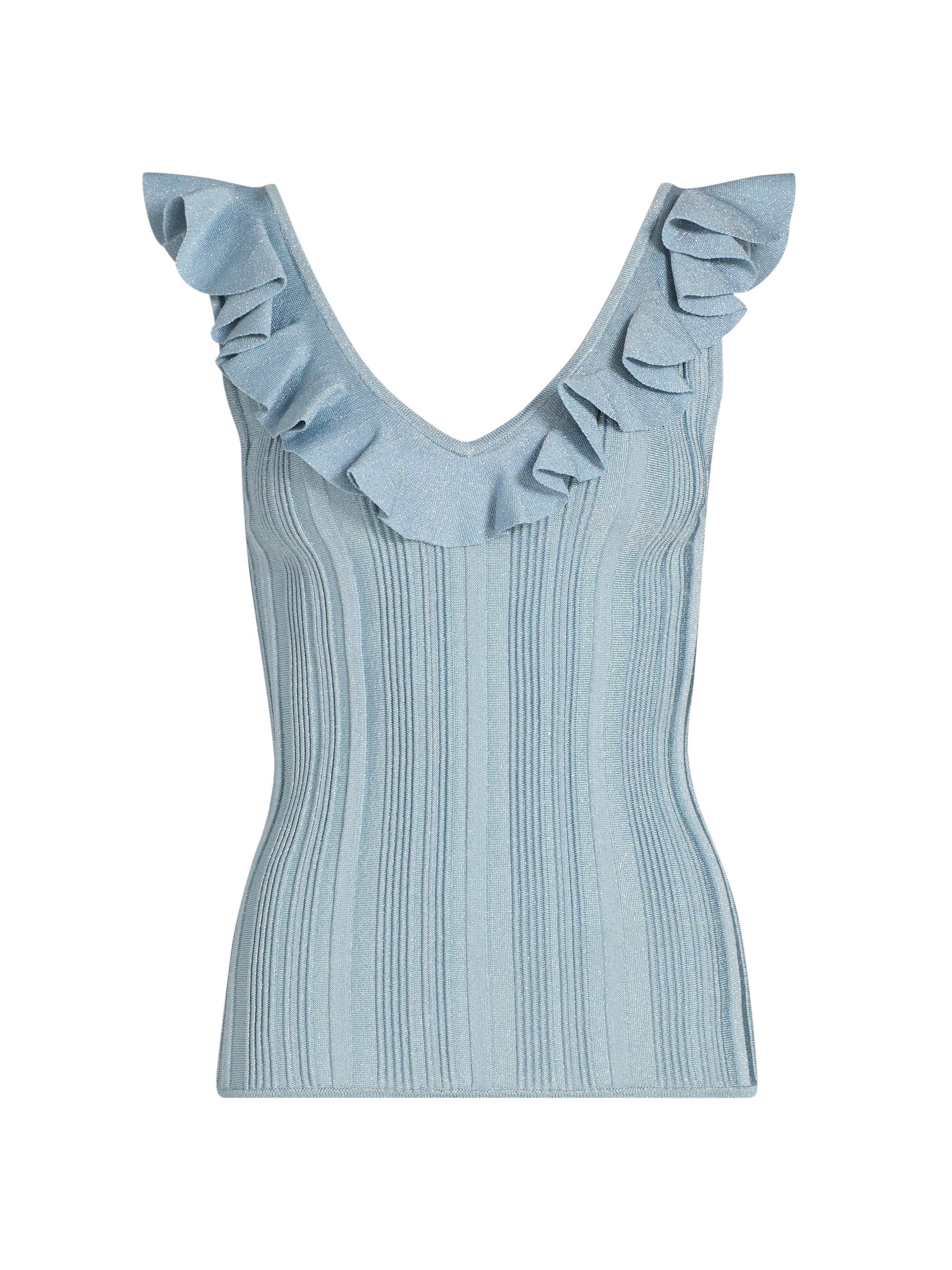Zimmermann Women's Aster Metallic Rib-Knit Frill Top - Metallic Blue - Women's Clothing