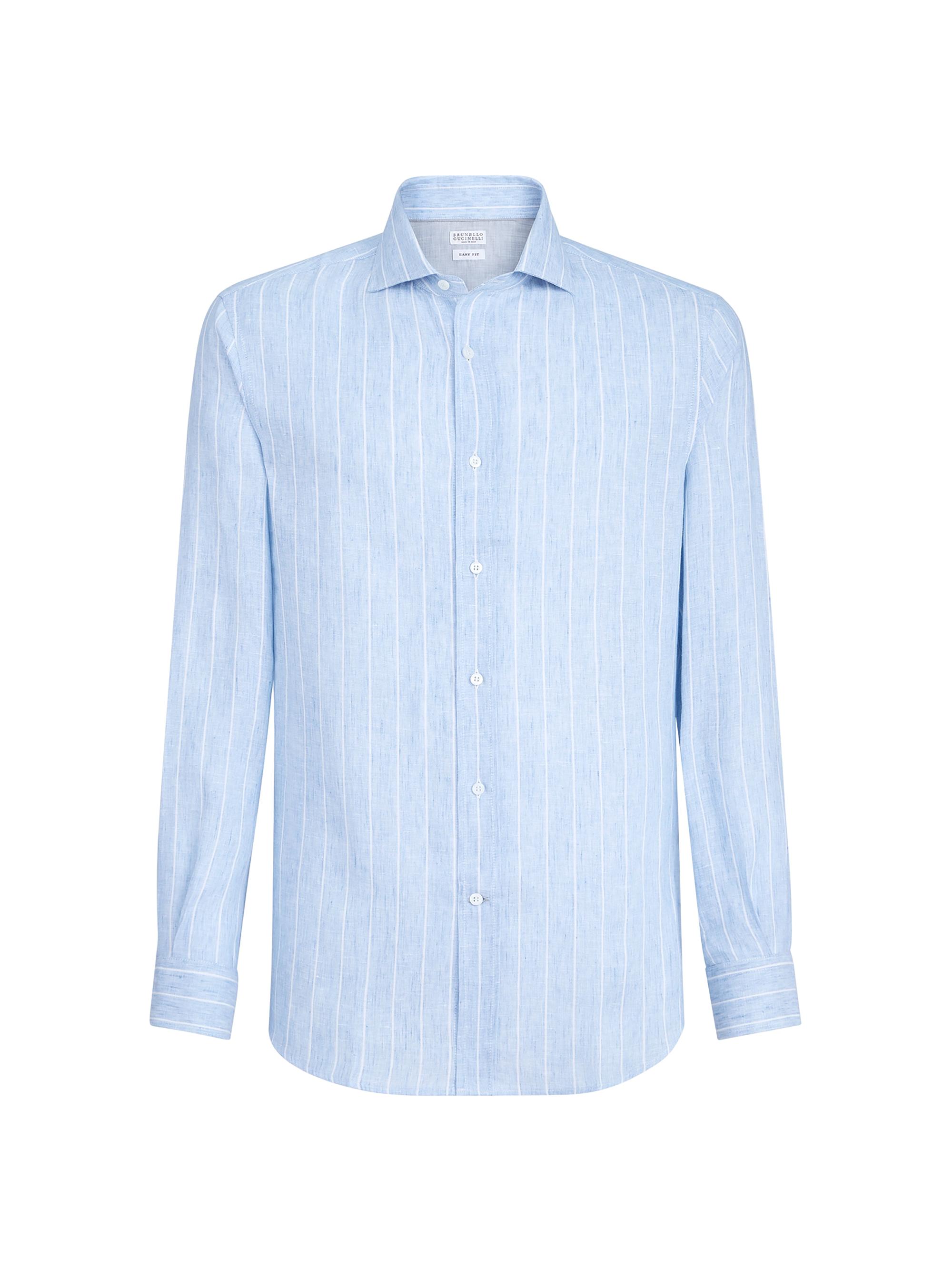 Brunello Cucinelli Men's Chalk Stripe Linen Easy Fit Shirt with Spread Collar - Azure