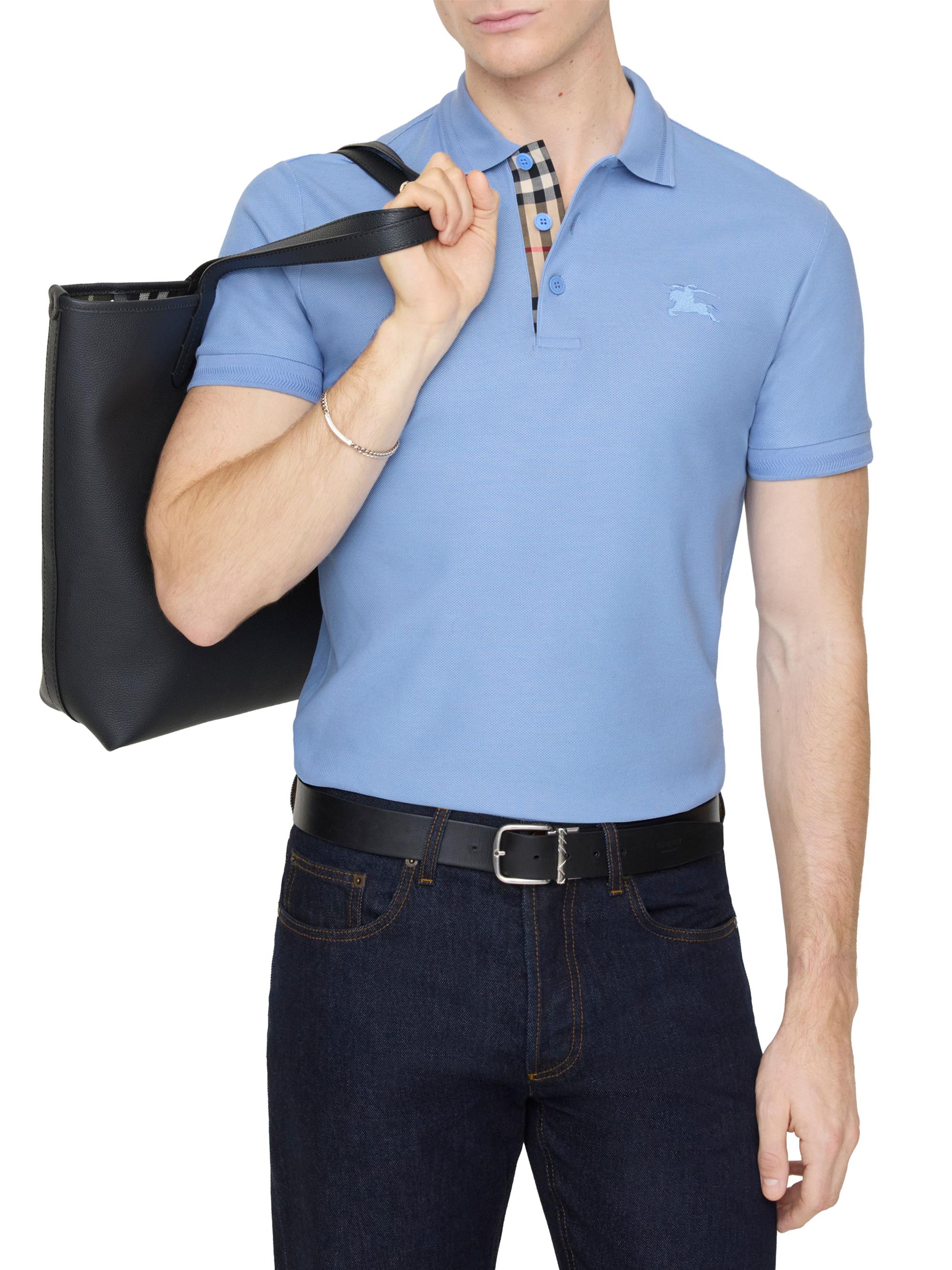 Burberry Men's Eddie Check-Trim Cotton Polo Shirt - Cornflower Blue