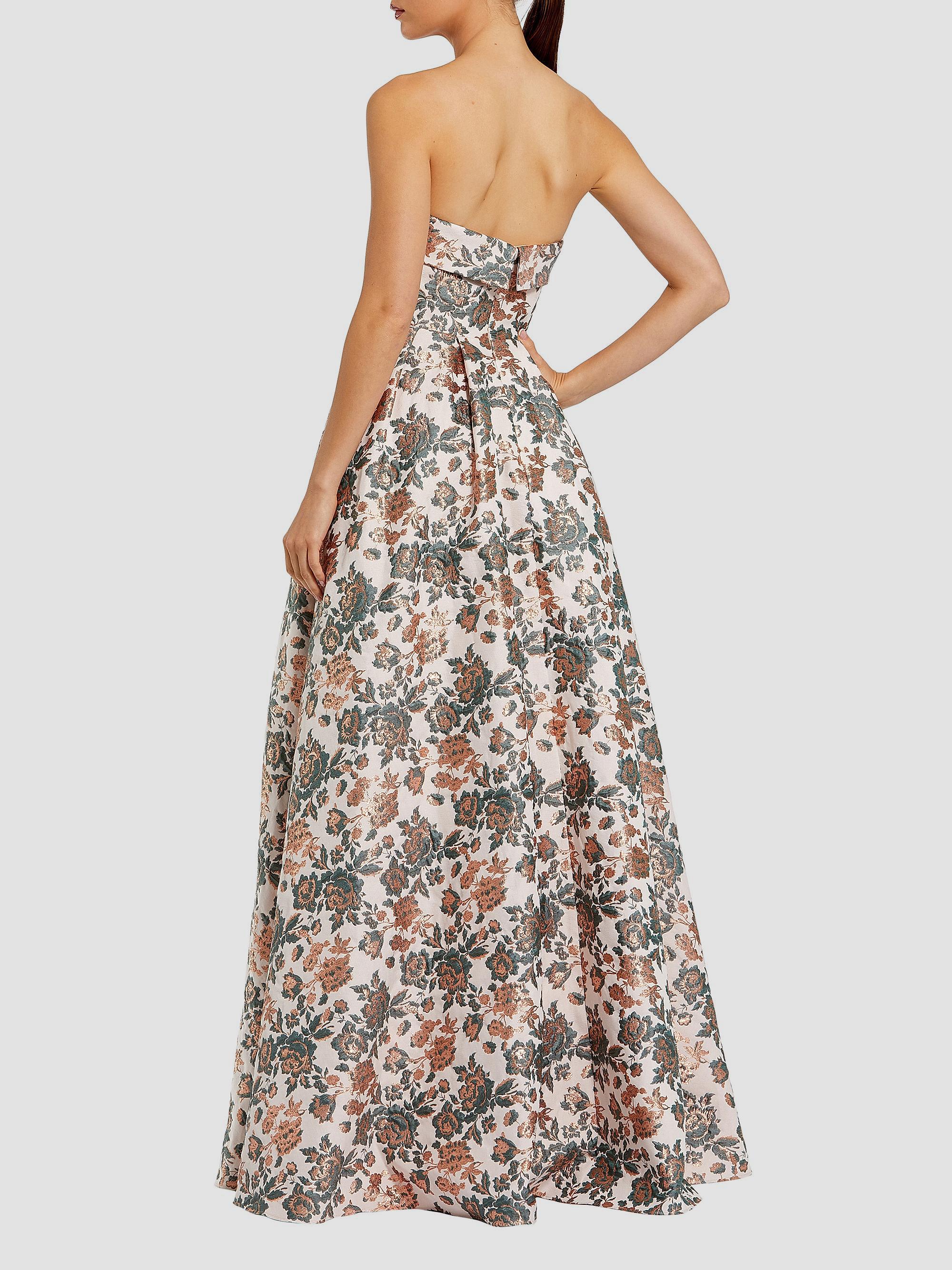 mac duggal strapless brocade floral ruffle-hem a-line maxi dress Pink A Line Midi and convenient pockets for modern functionality Pink Floral Brocade Strapless A