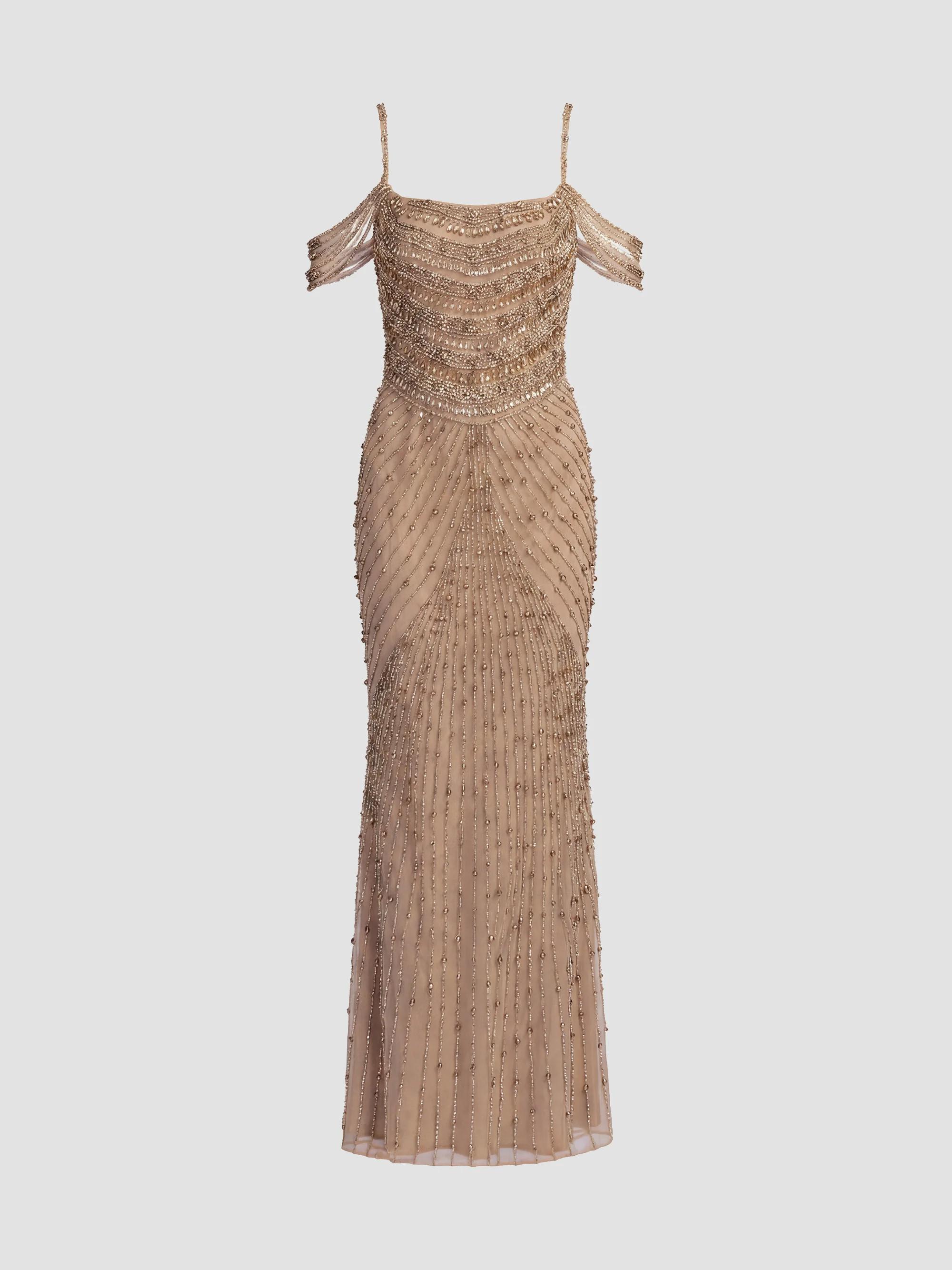 Mac Duggal Beaded Mesh Off-The-Shoulder Column Gown