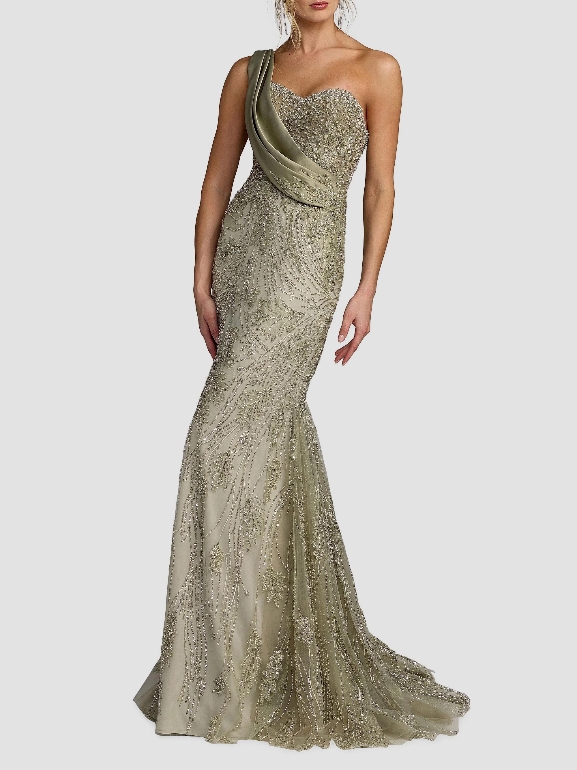 Embellished Taffeta One-Shoulder Mermaid Gown