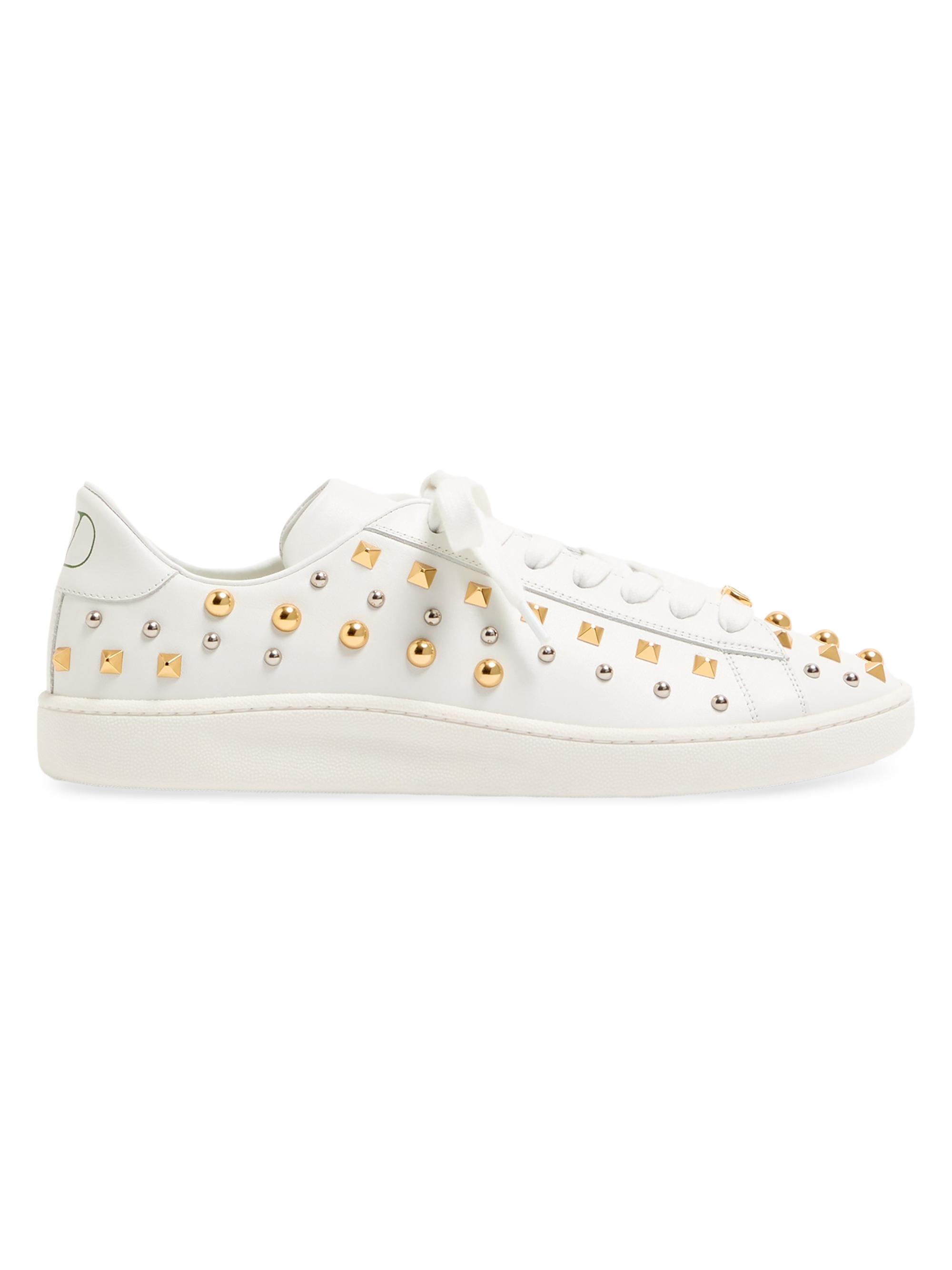 Valentino Garavani Men's Royco Sneakers in Nappa Calfskin with Stud Detail - White Gold Silver