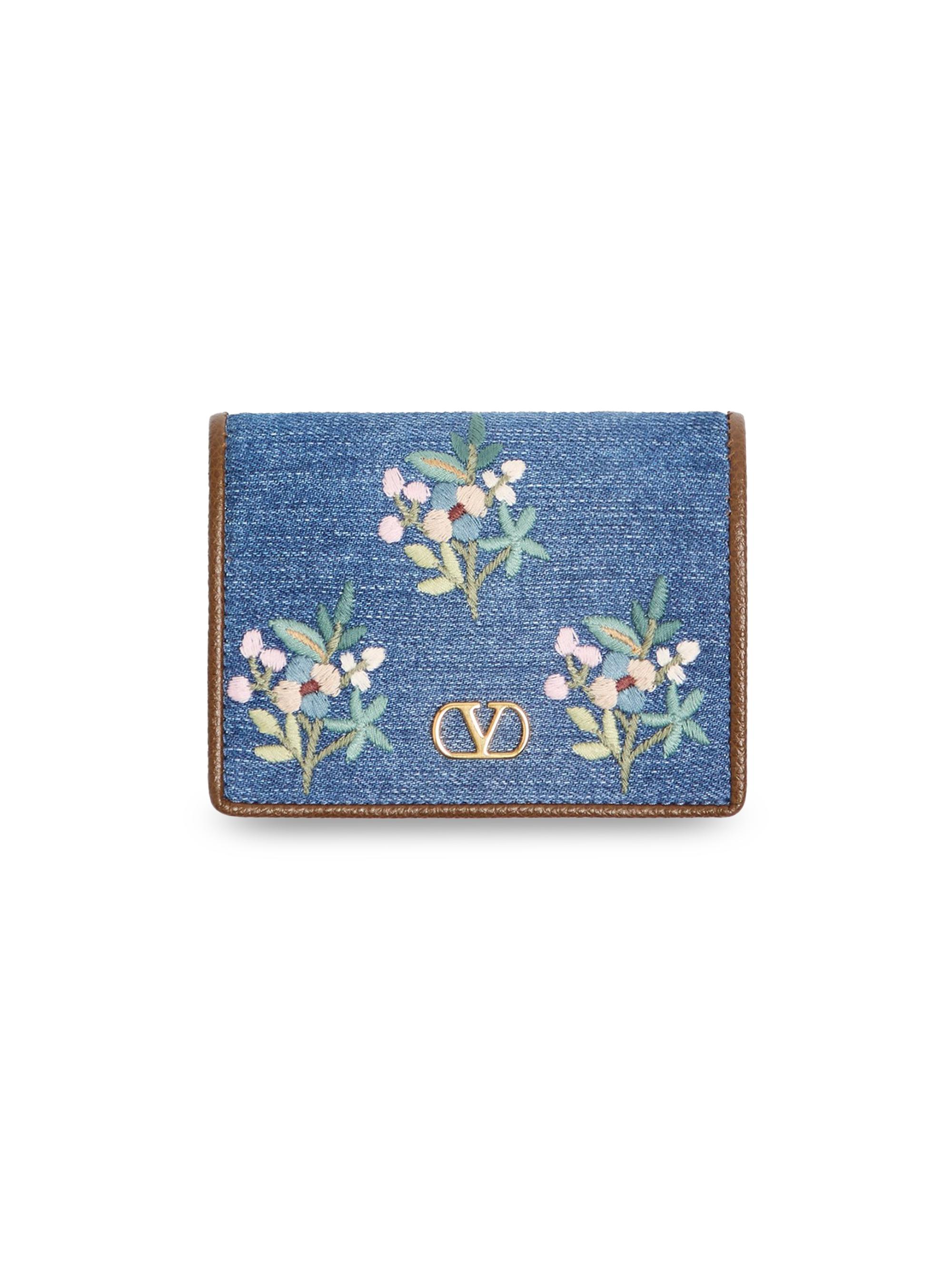 Valentino Garavani Women's VLogo Signature Wallet in Denim with Floral Embroidery - Denim