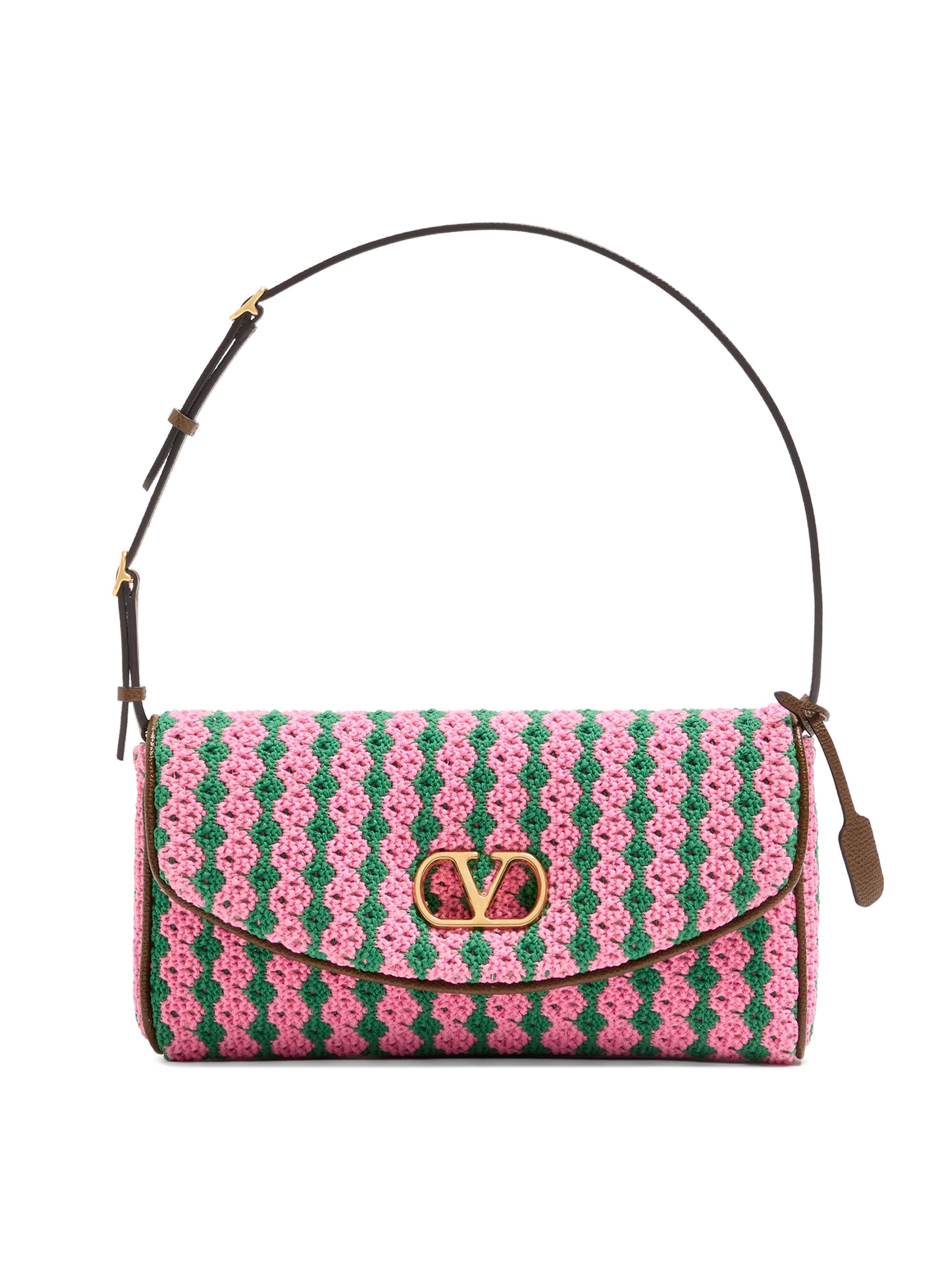 Valentino Garavani Women's Devain  Shoulder Bag in Crochet Fabric - Pink Green
