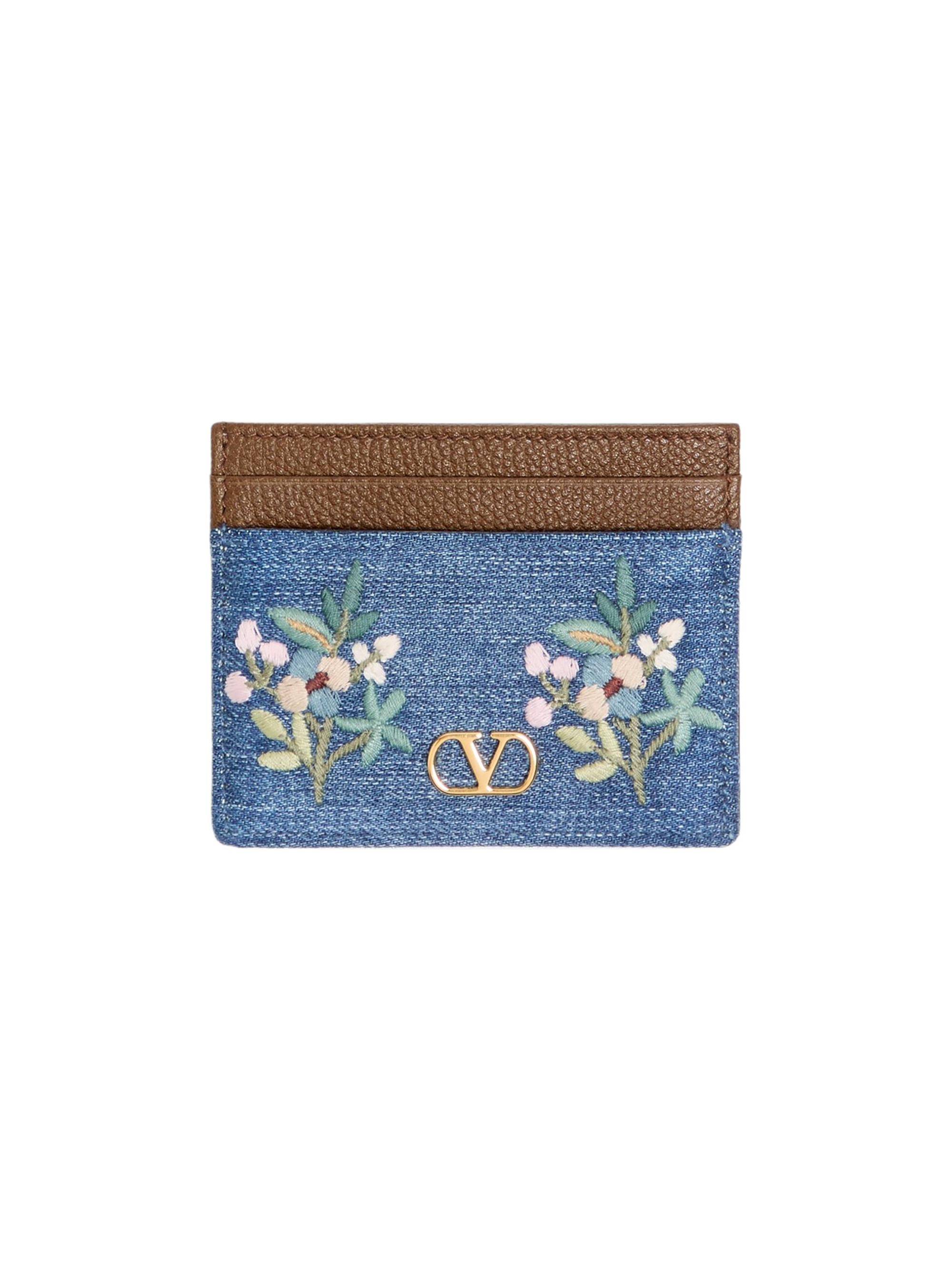 Valentino Garavani Women's VLogo Signature Card Holder in Denim with Floral Embroidery - Denim