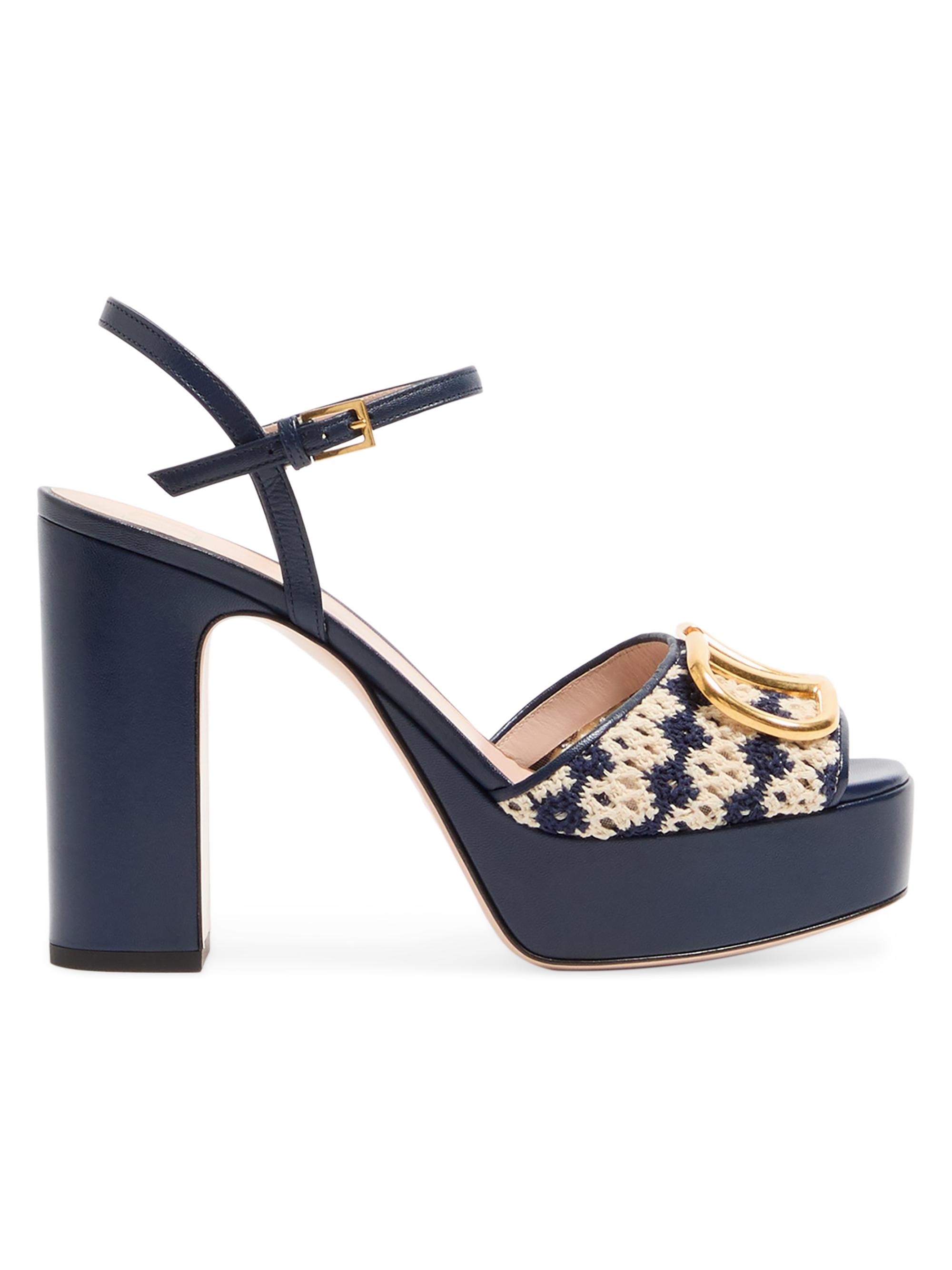 Valentino Garavani Women's VLogo Signature Platform Sandals in Crochet Fabric 115MM - Blue Beige