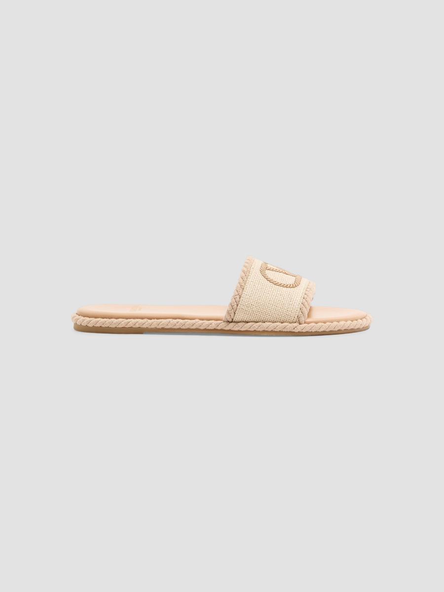 Valentino Garavani VLogo Torchon Slide Sandals in Linen Canvas