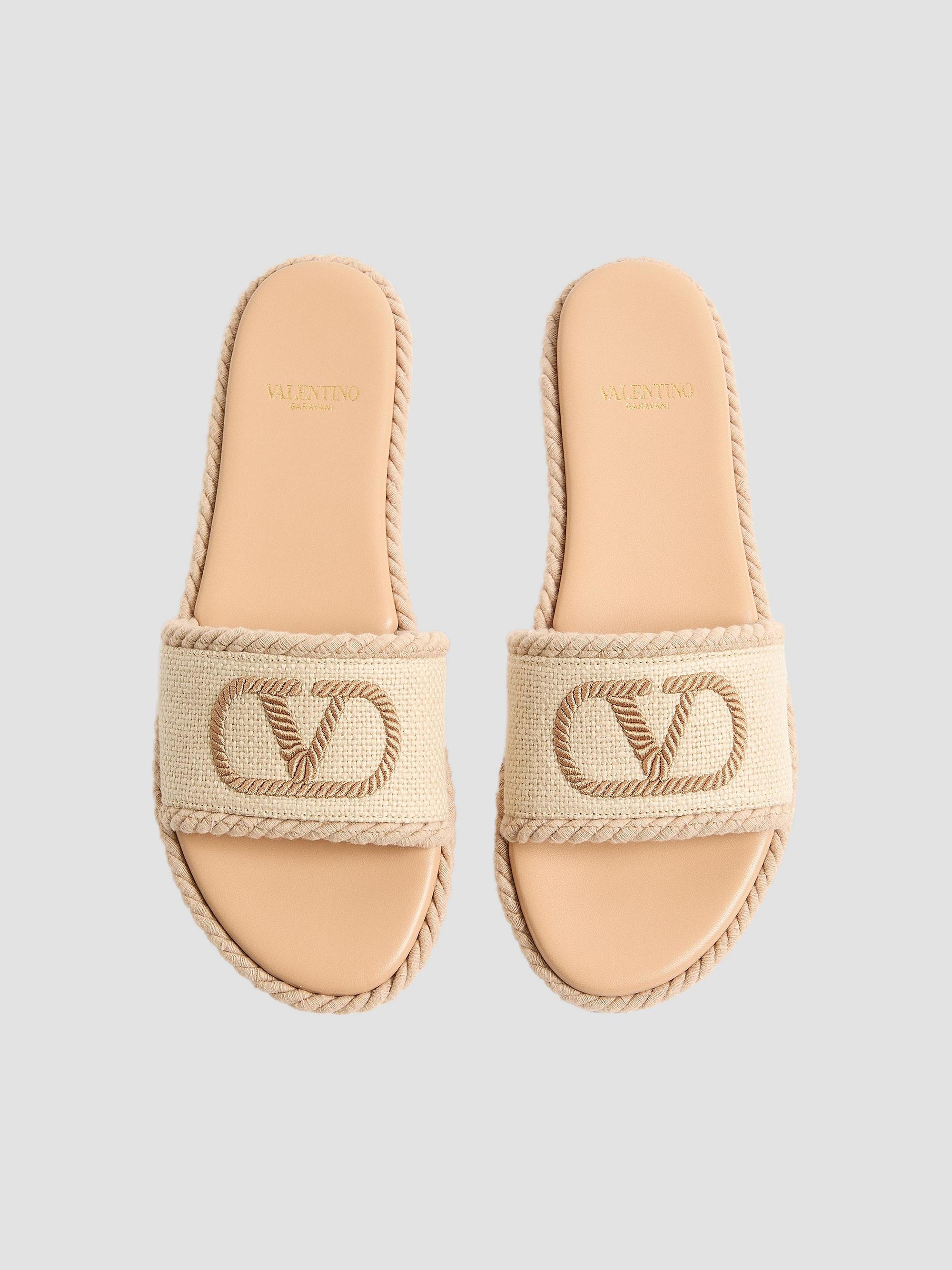 Valentino Garavani VLogo Torchon Slide Sandals in Linen Canvas