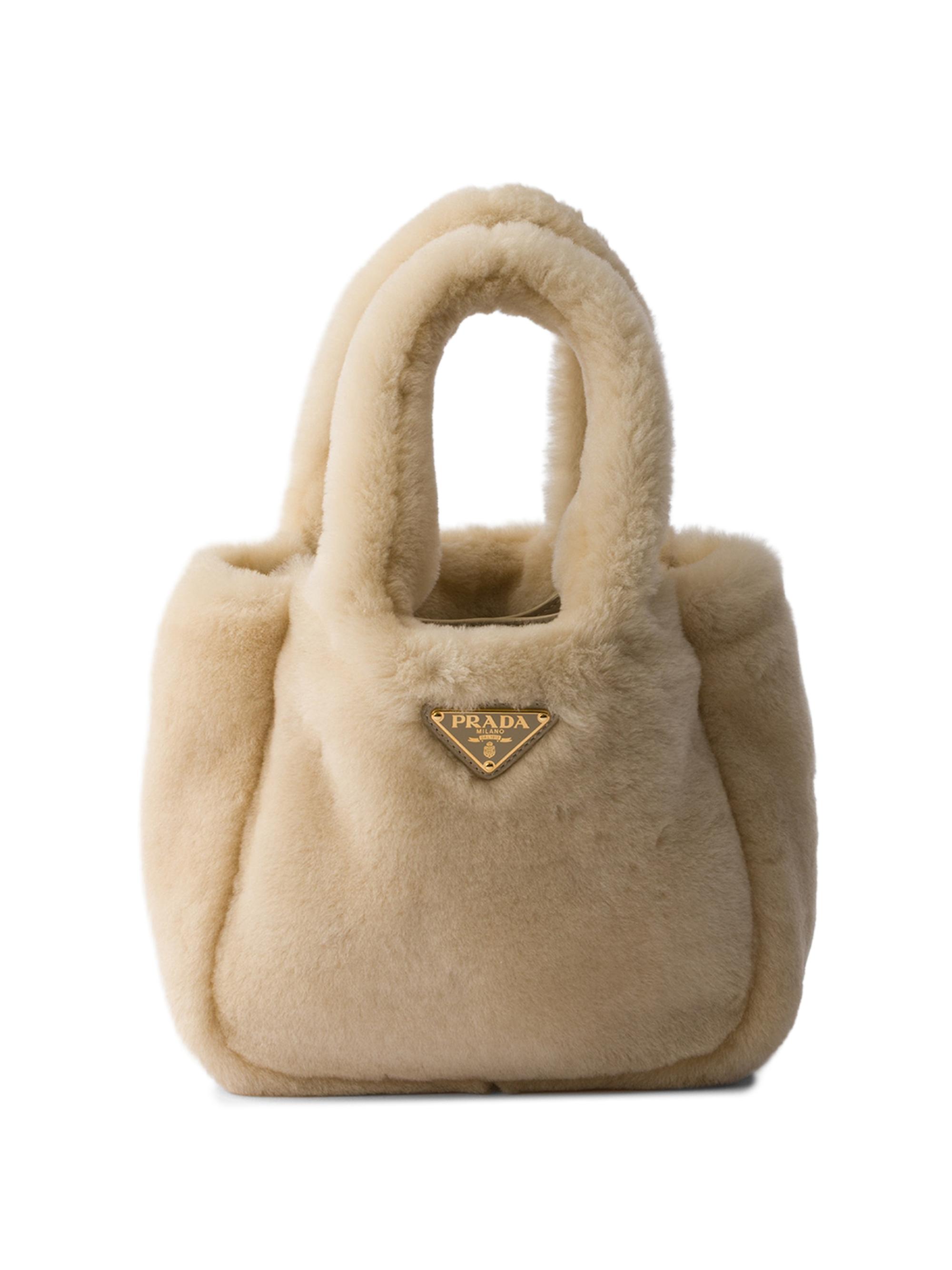 Prada Women's Shearling Mini Top Handle Bag - Beige Khaki