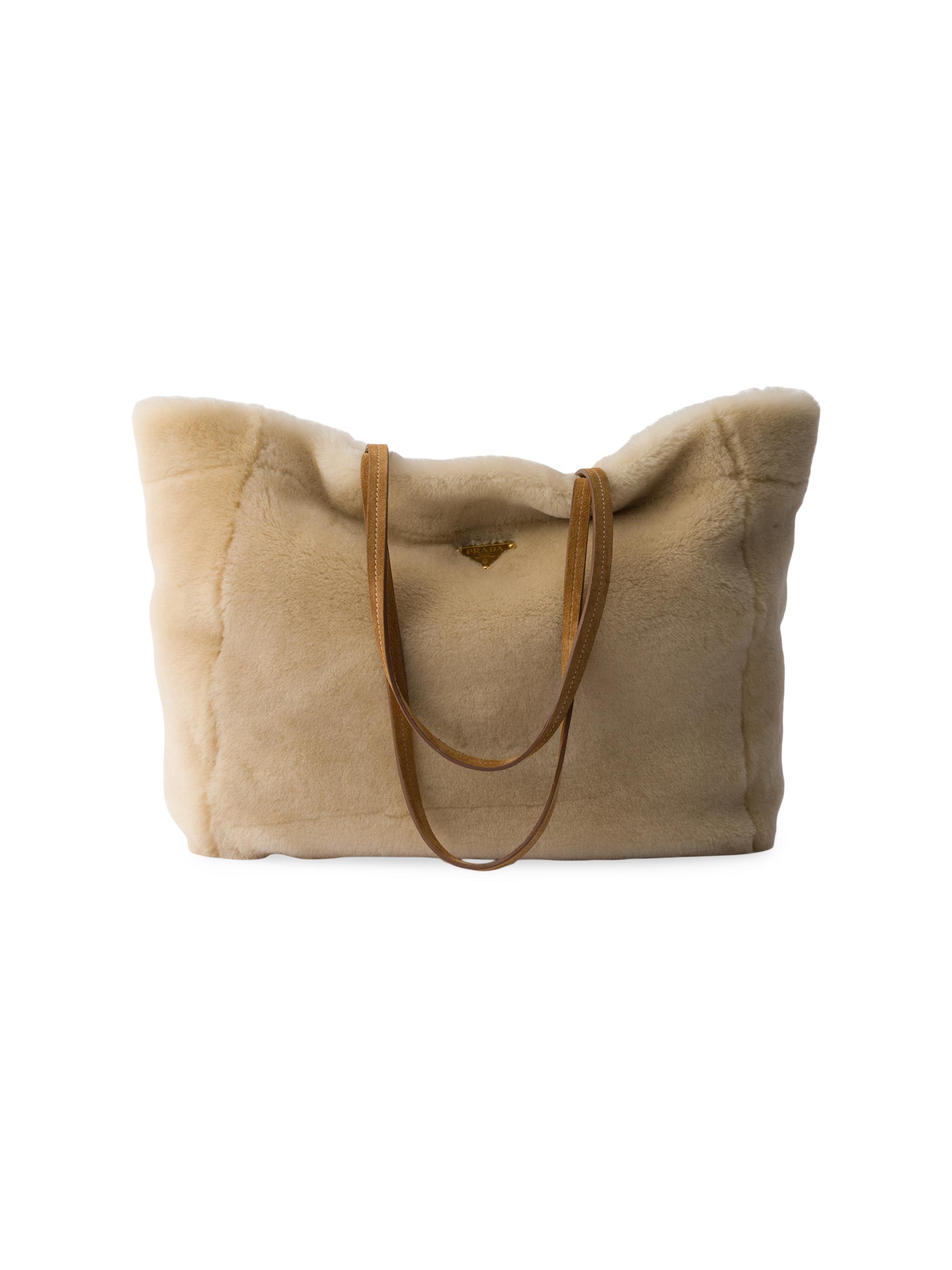 Prada Women's  Shearling Tote Bag - Beige Khaki