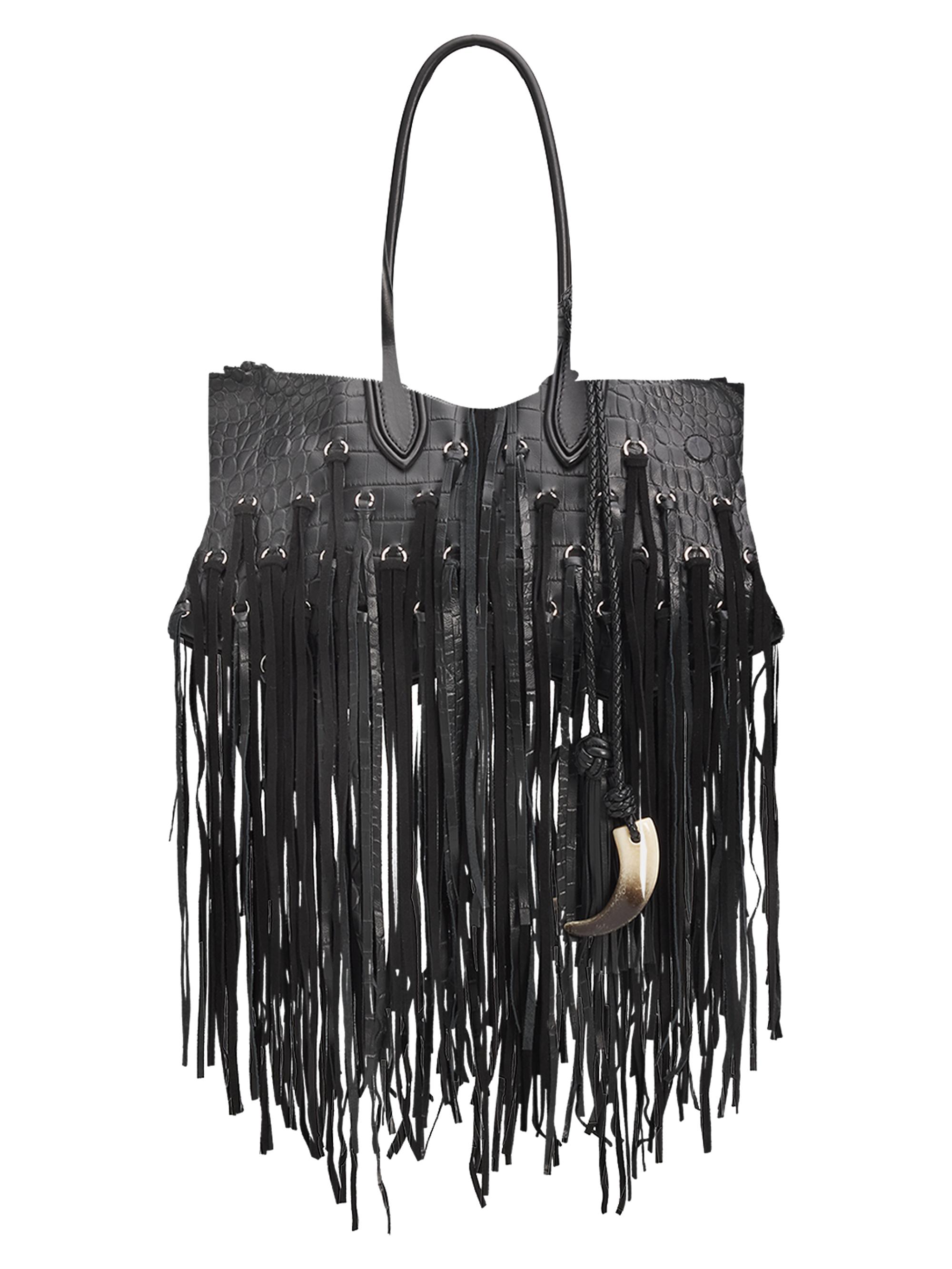 McQueen Women's Manta Croc-Embossed Leather Fringe Shoulder Bag - Black