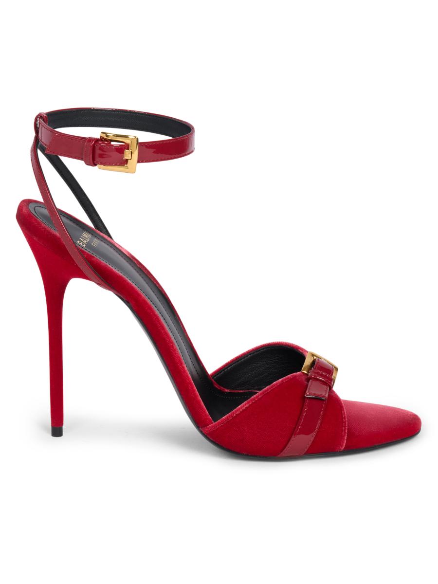 Balmain Anthem 95MM Buckle-Detail Patent Leather & Velvet Sandals