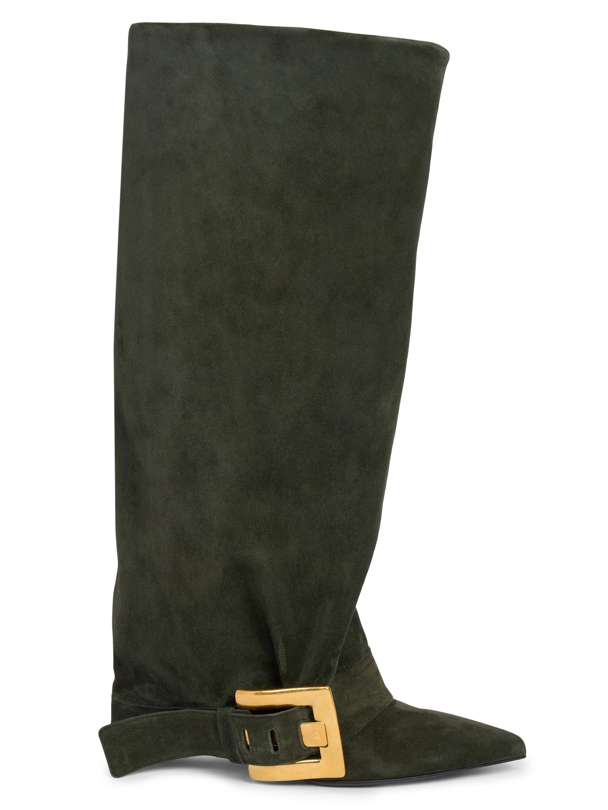 Balmain Women's Anthem 75MM Suede Knee-High Boots - Kaki Fonce - Women's Clothing