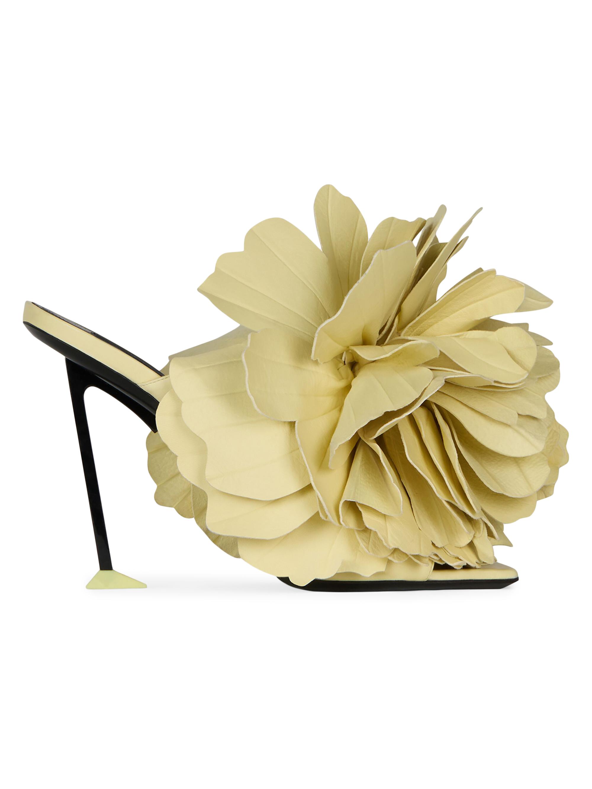 Givenchy Women's Boudoir Heeled Mules in Leather with Petals - Pale Yellow