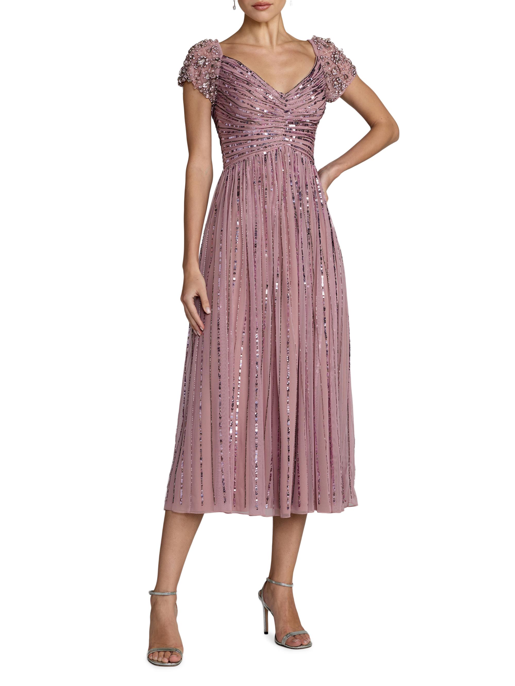 Mac Duggal Women's Beaded Sequin Mesh Midi-Dress - Vintage Lilac | Thumbnail 4