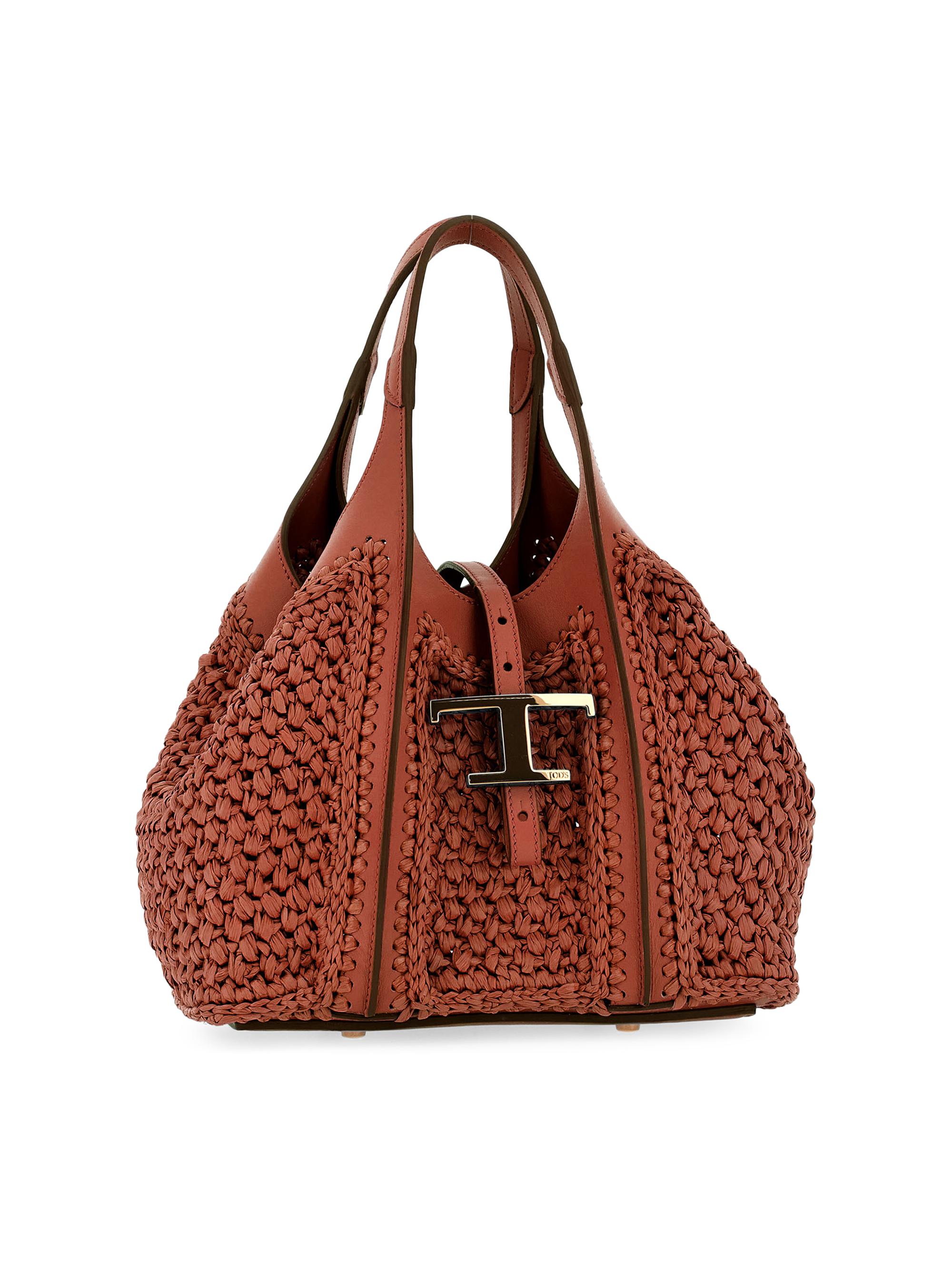Tod's Women's T Timeless Mini Raffia & Leather Shopper Tote Bag - Orange