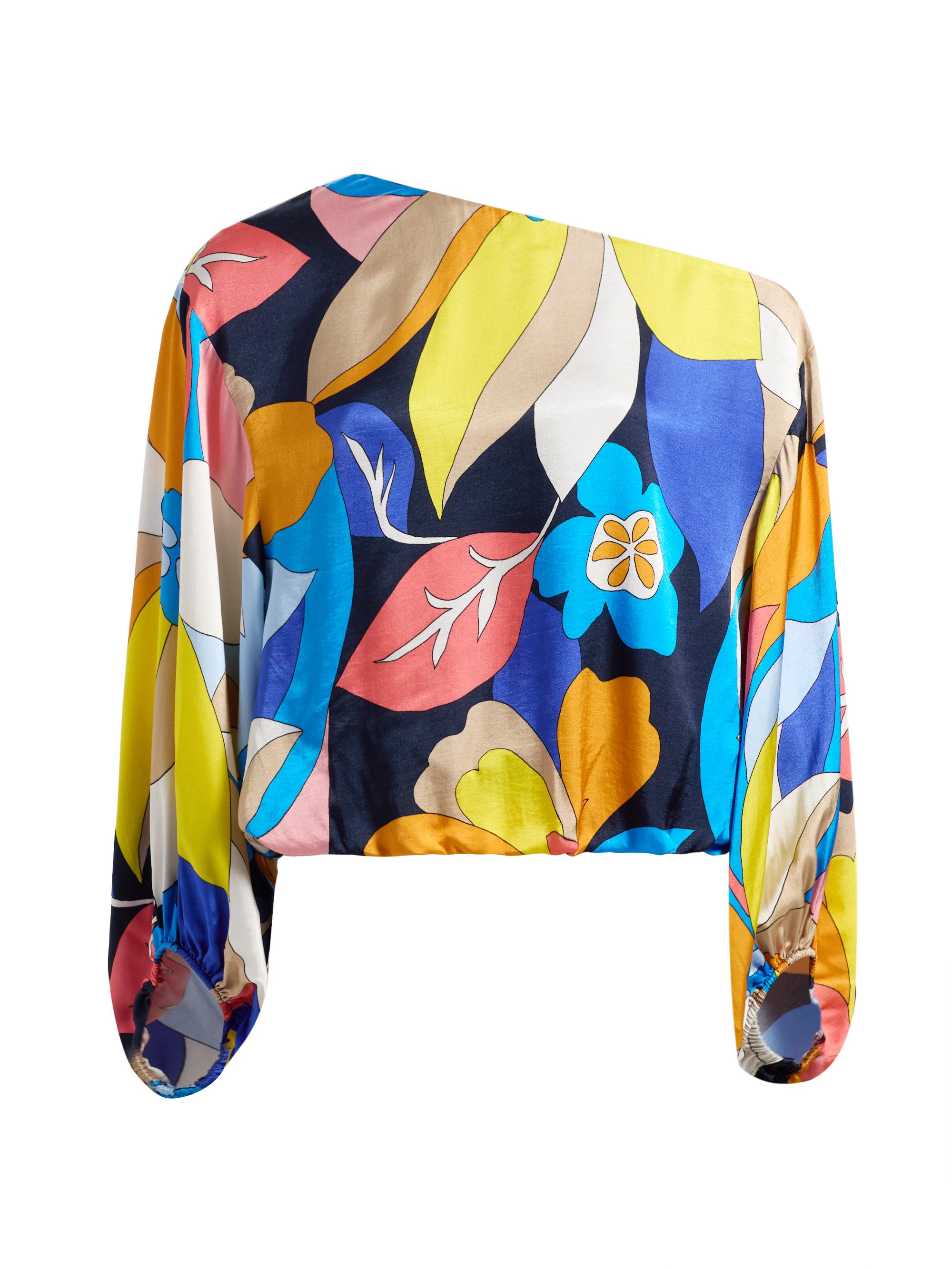 Ramy Brook Women's Hibiscus Marley Satin One-Shoulder Blouse - Navy Hibiscus