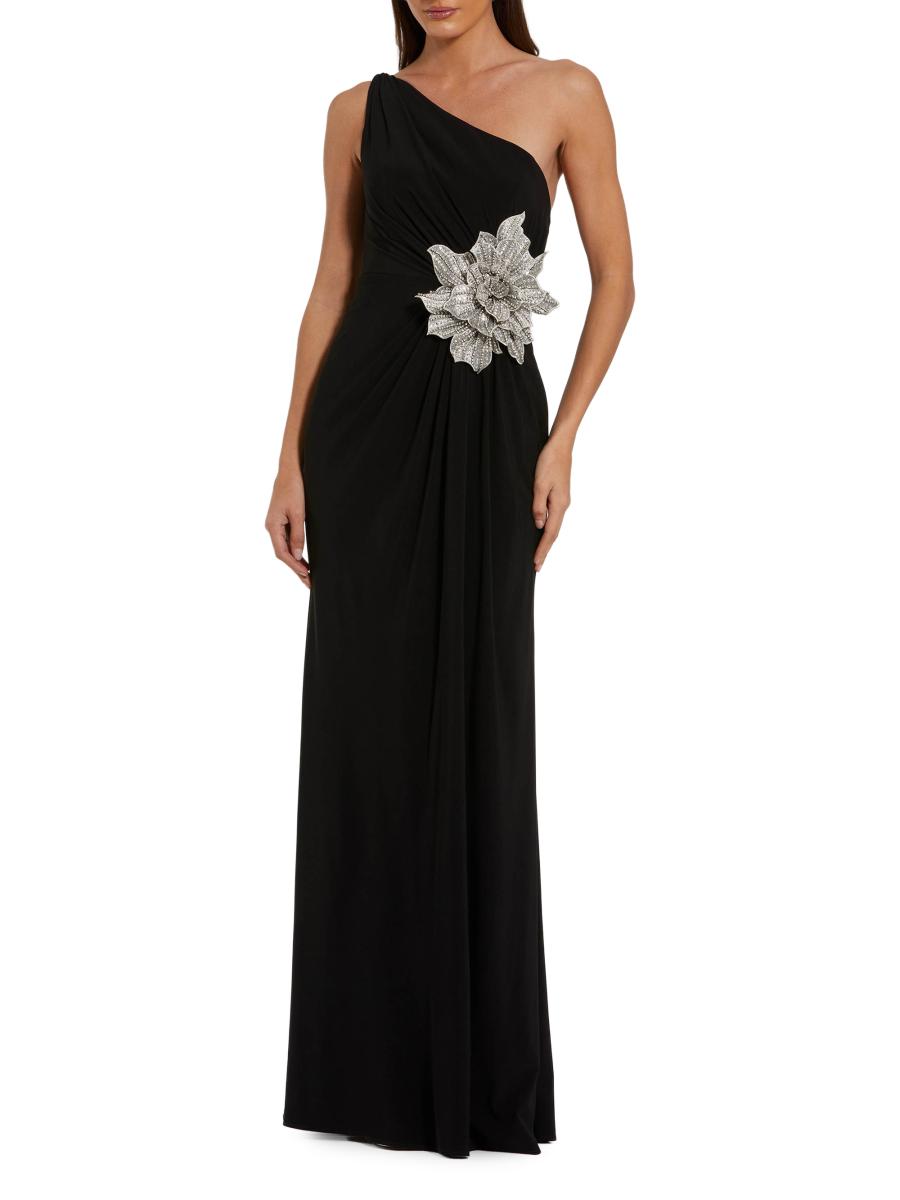 Mac Duggal Women's 3d Rhinestone Floral One-shoulder Jersey Gown In Black