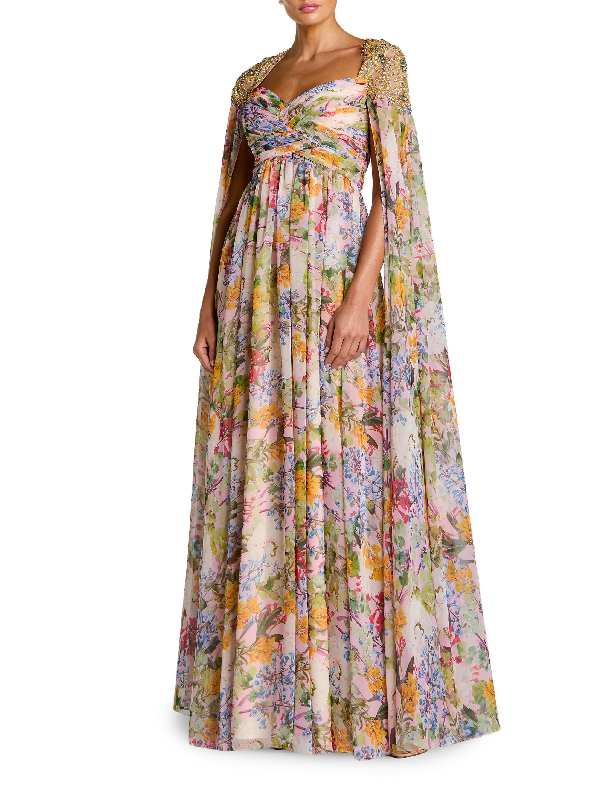Mac Duggal Women's Embellished Floral Cape Gown - Pastel Multi