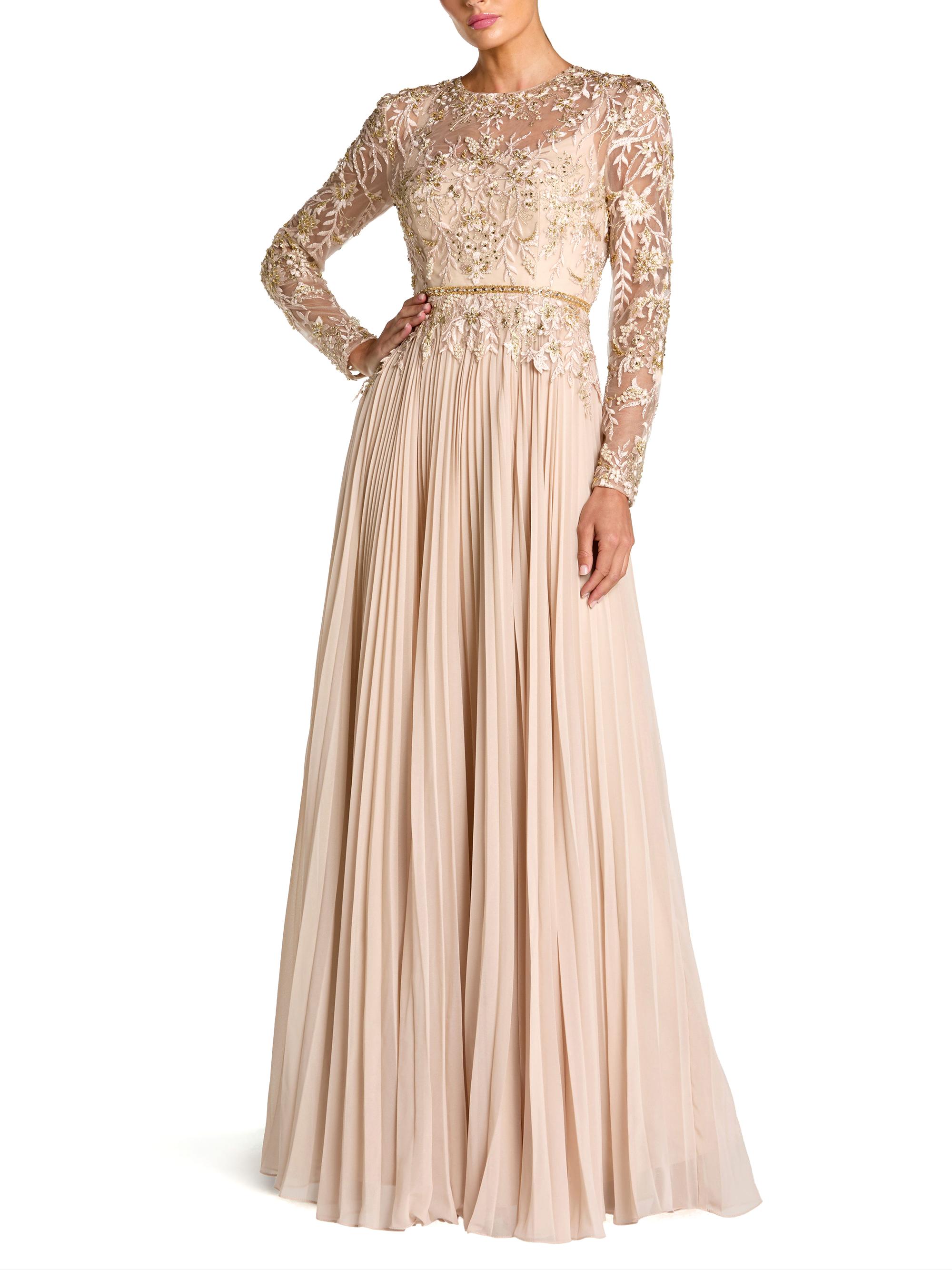 Mac Duggal Women's Floral-Embroidered Pleated Gown - Taupe