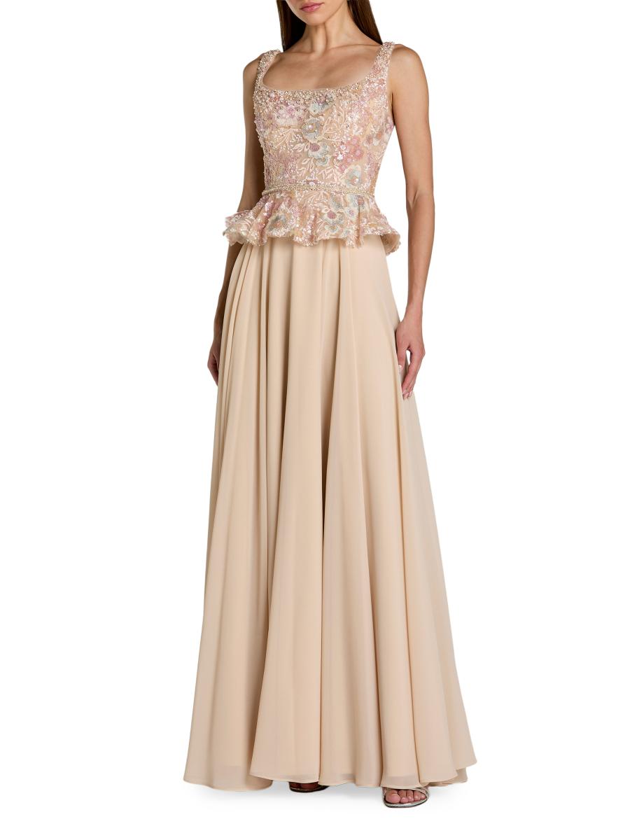 Mac Duggal Women's Floral-embroidered Peplum Gown In Gold