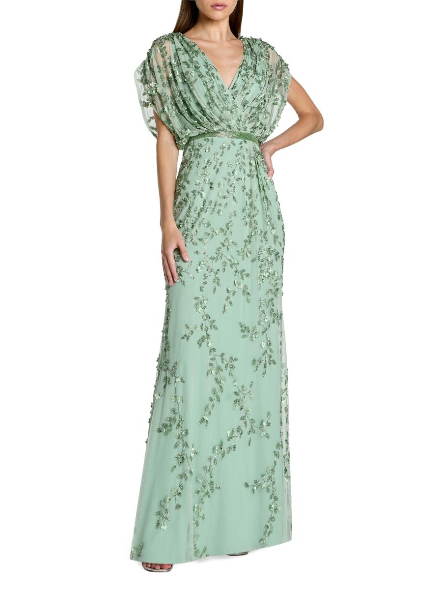 Mac Duggal Women's Beaded Draped Mesh Column Gown In Green