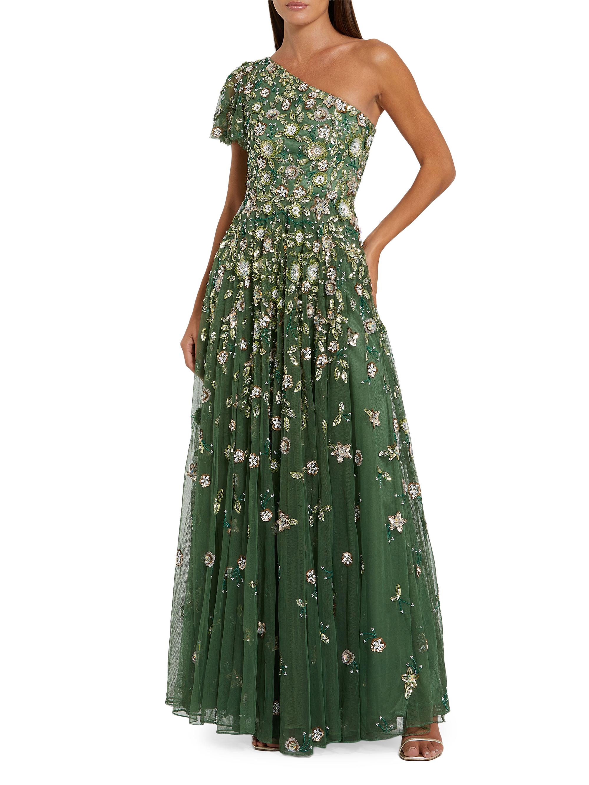 Mac Duggal Women's Floral-Sequined Mesh One-Shoulder Gown - Sage