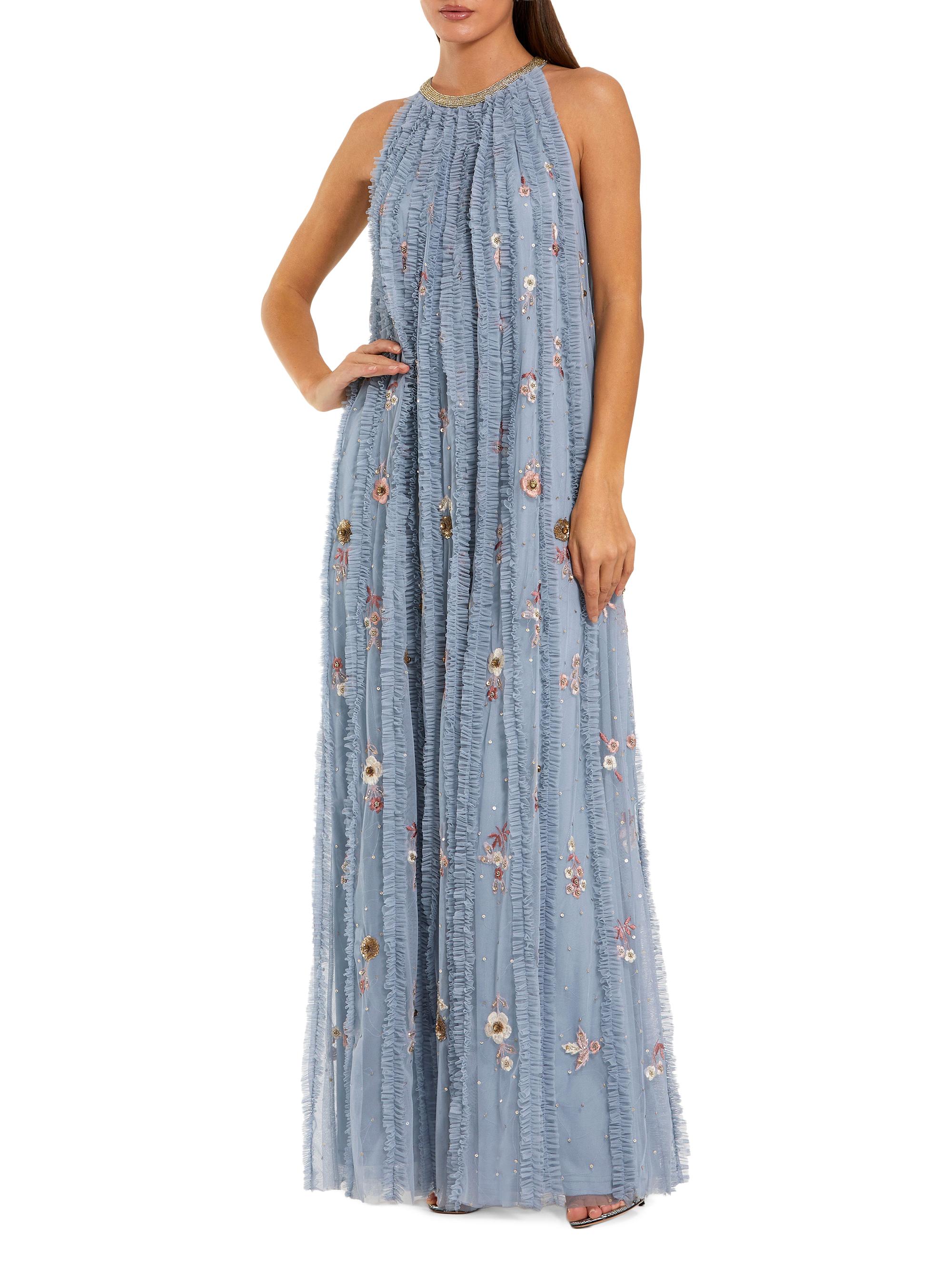 Mac Duggal Women's Ruffled Floral Mesh Maxi Dress - Blue Multi